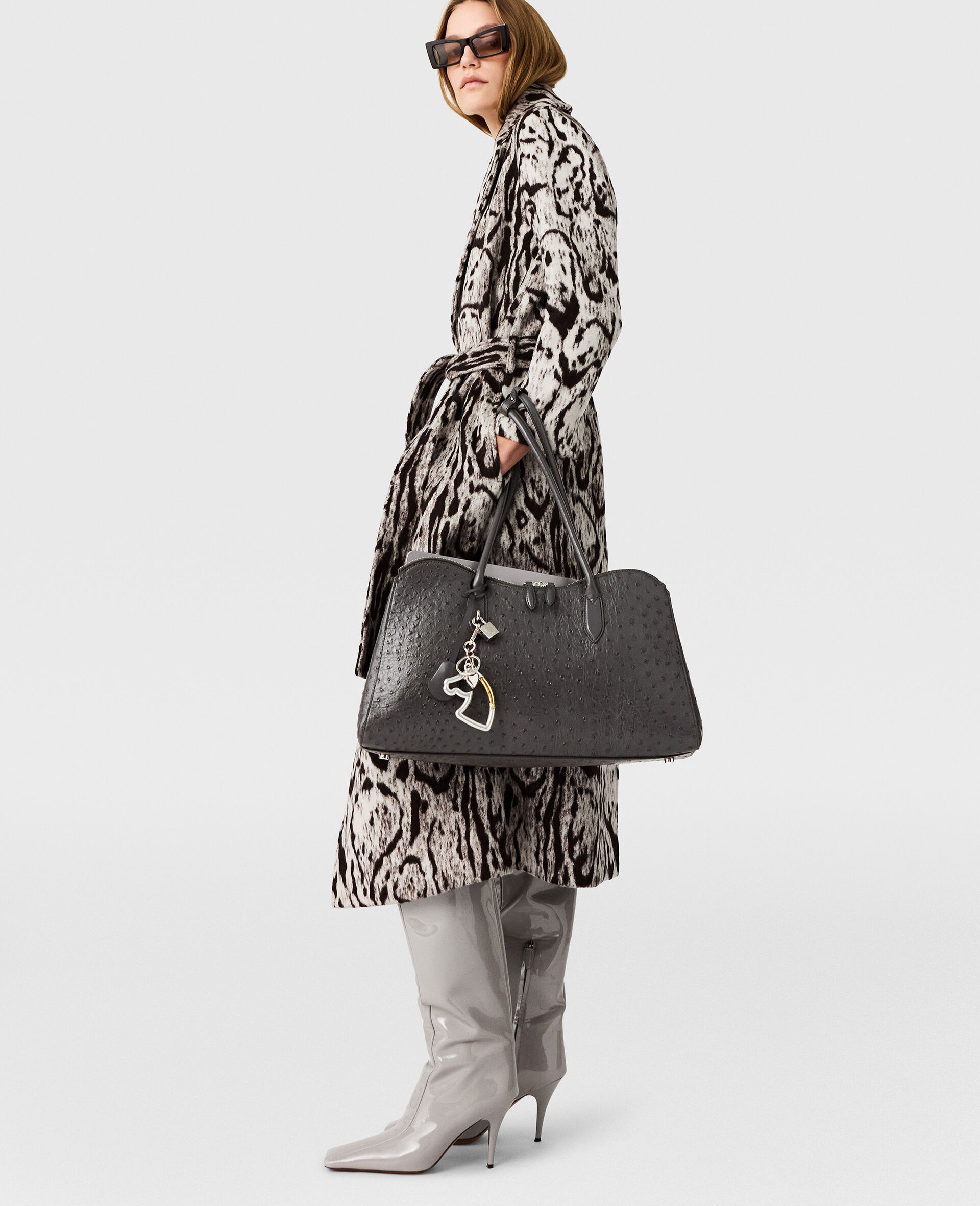 Cloud Leopard Jacquard Belted Trench Coat-Grey-large image number 2