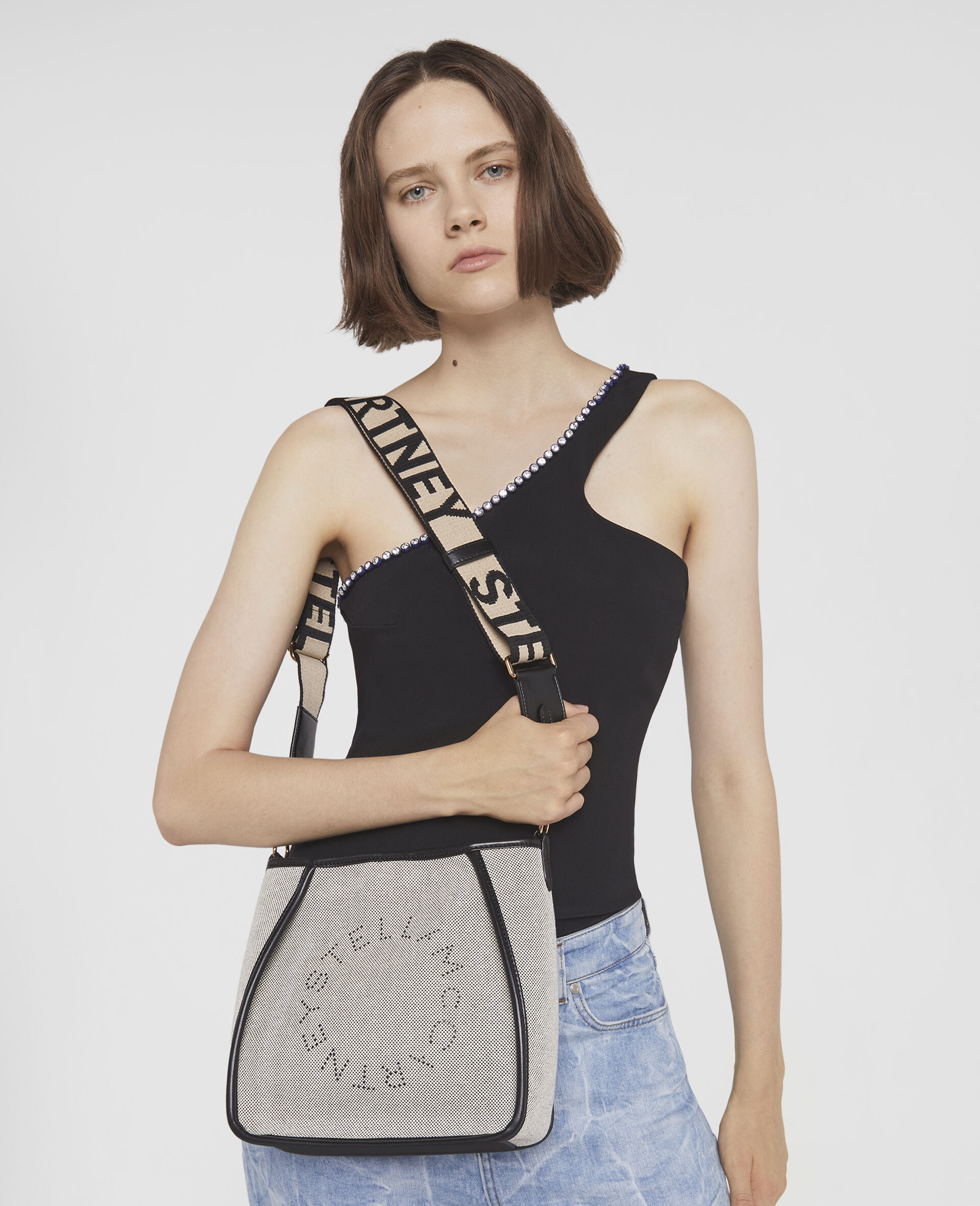 Stella Logo Cotton Canvas Shoulder Bag-Black-large Stella Logo Cotton Canvas Shoulder Bag-Black-large image number 1