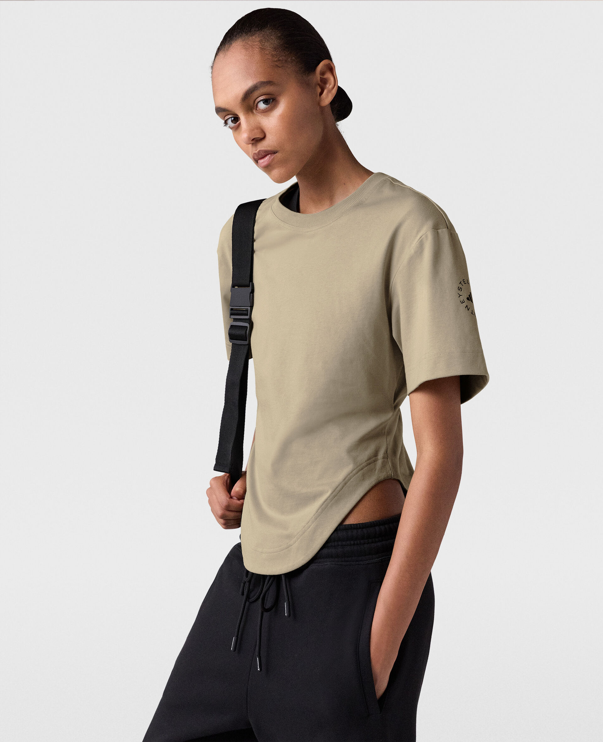 TrueLife Sportswear Curved Hem T-Shirt-Beige-model