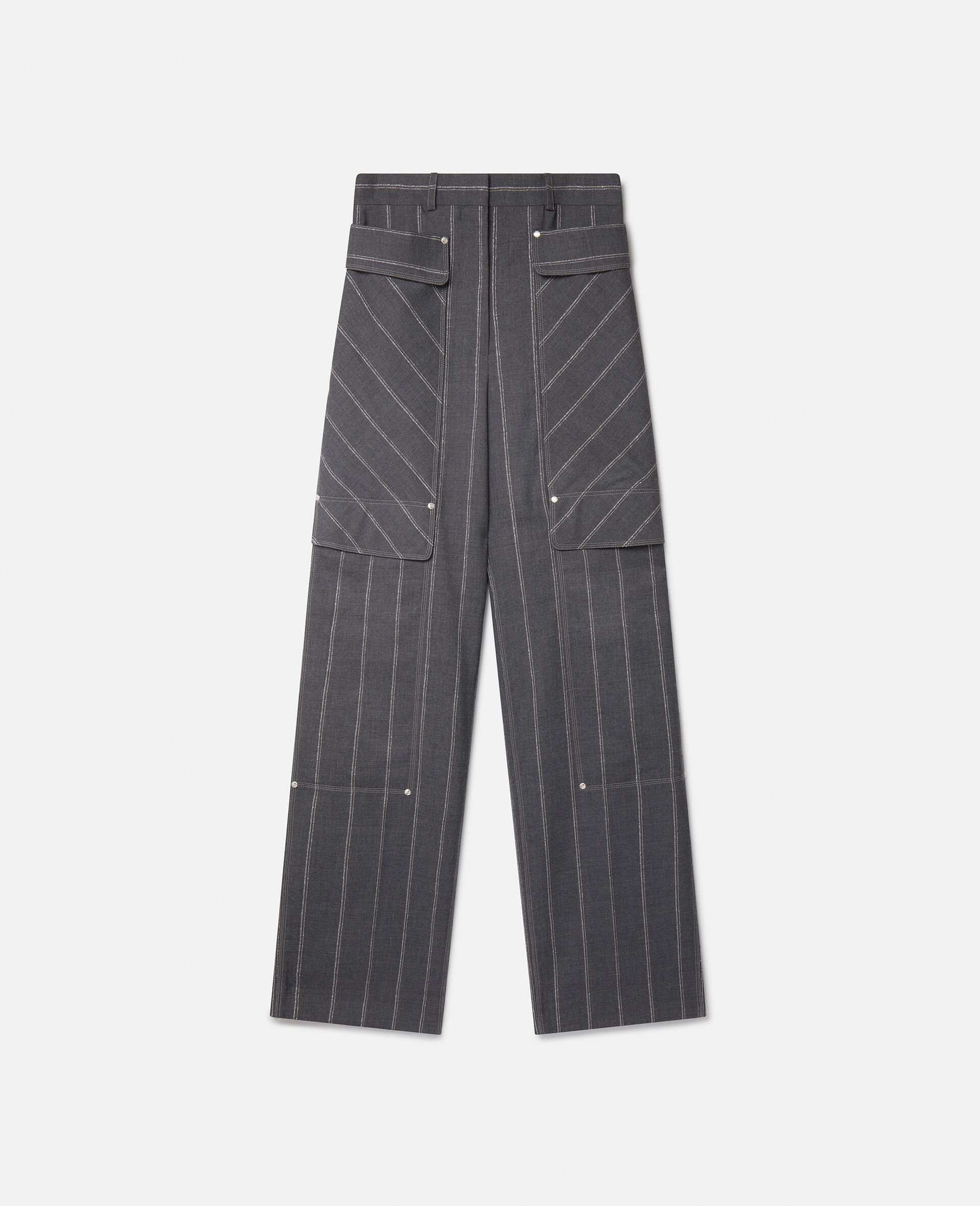 Pinstripe Wool Straight Trousers-Grey-large