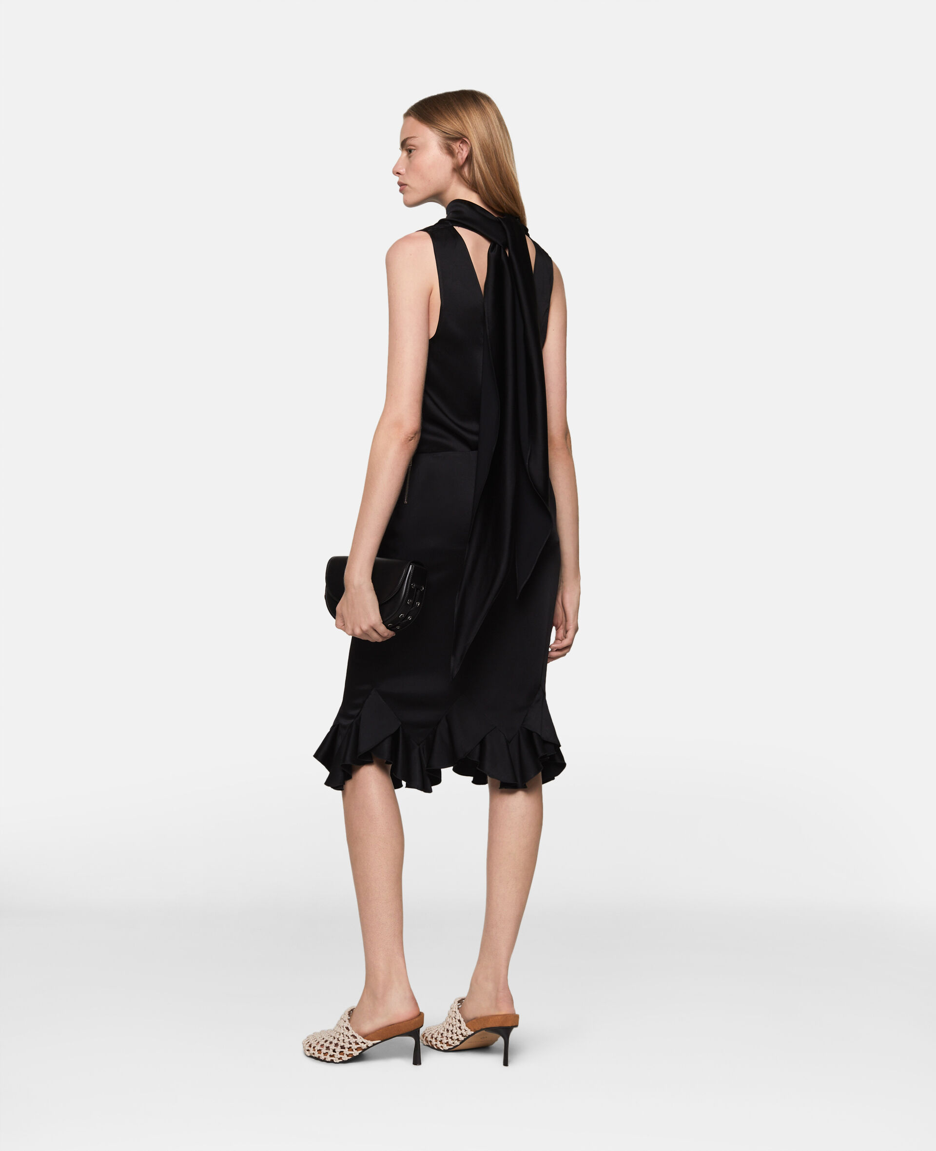 Ruffled-Hem Satin Midi Skirt-Black-large image number 3