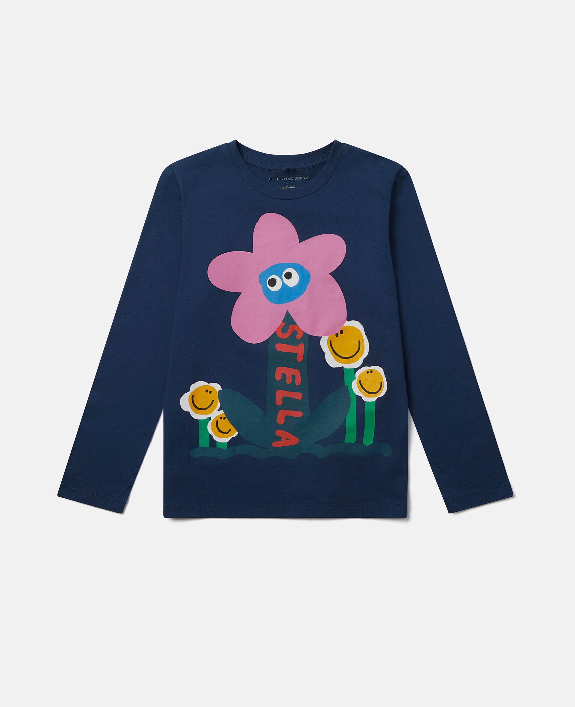 Smiling Flower Motif Long Sleeve T-Shirt-Blue-large image number 0