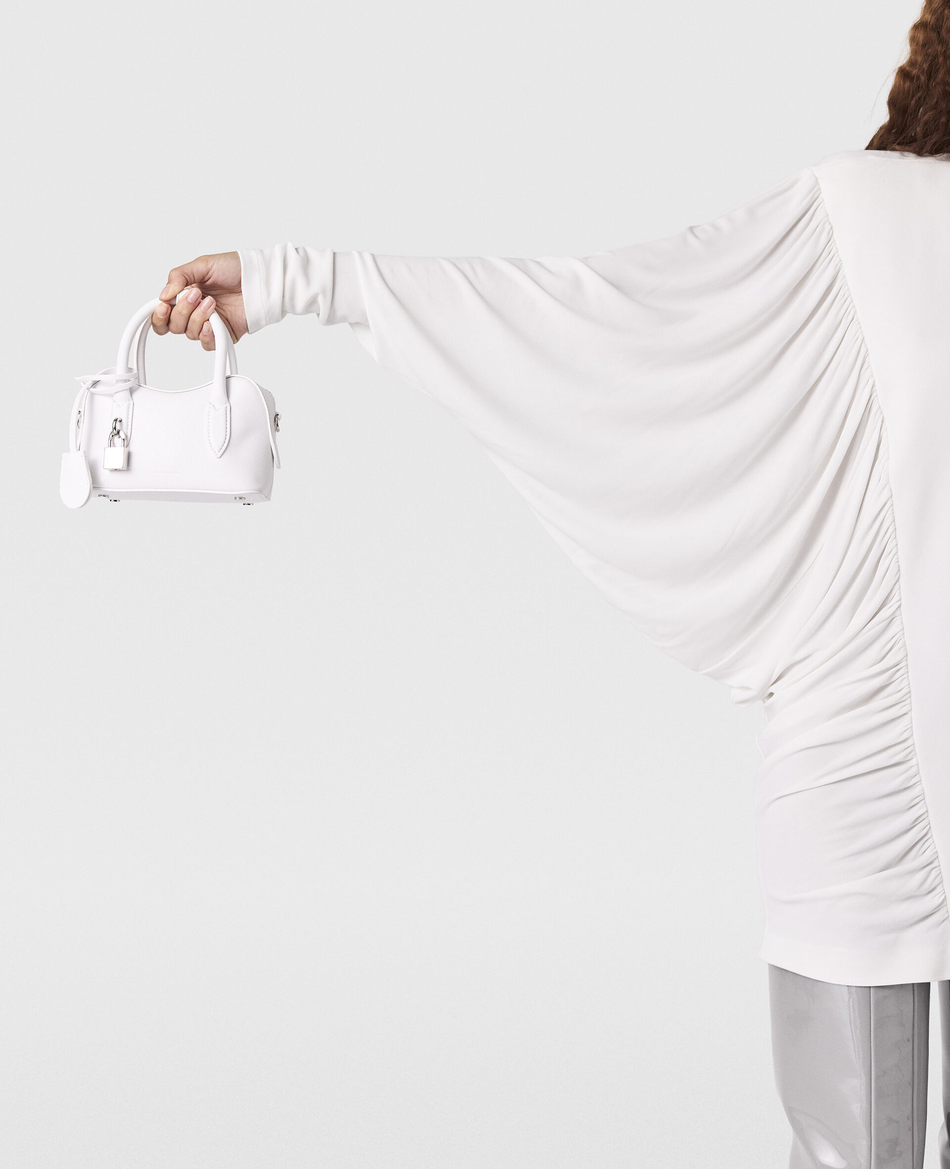 Pleated Crewneck Long-Sleeve Mini Dress-White-large image number 3