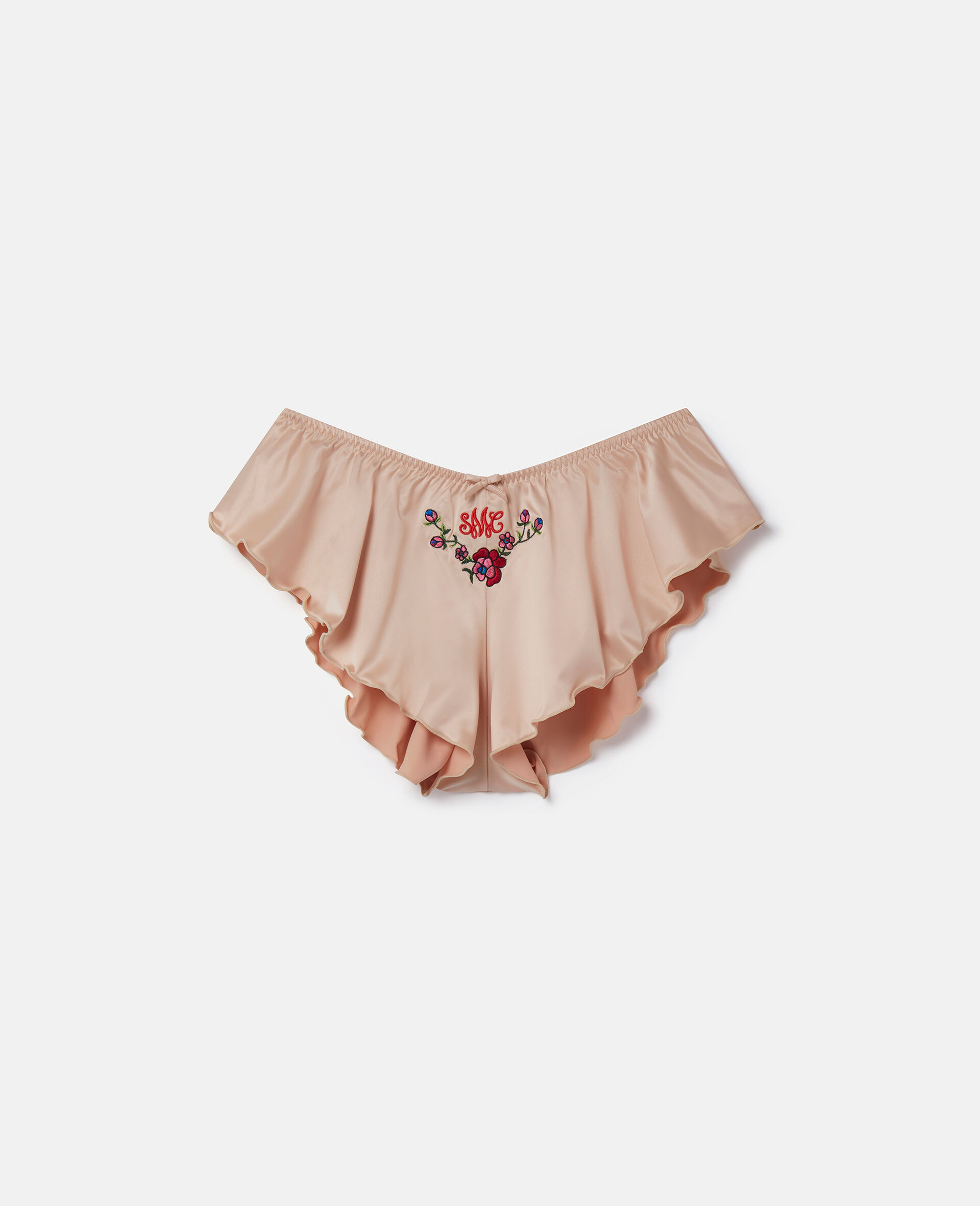 'Love You' Embroidery Satin Flounce Sleep Shorts-Beige-large image number 0