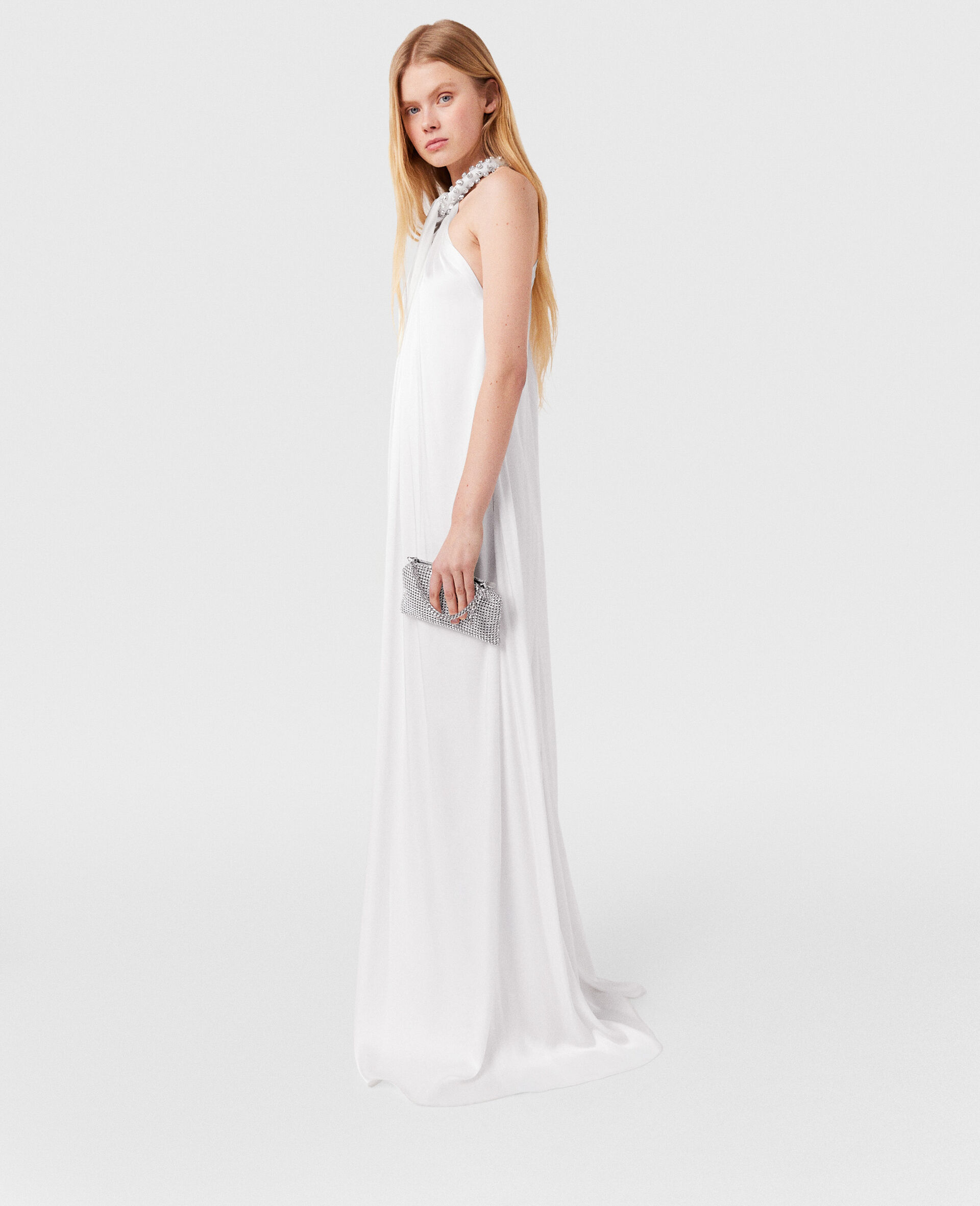 Women Pure white Crystal Halterneck Satin Maxi Dress | Stella McCartney GB