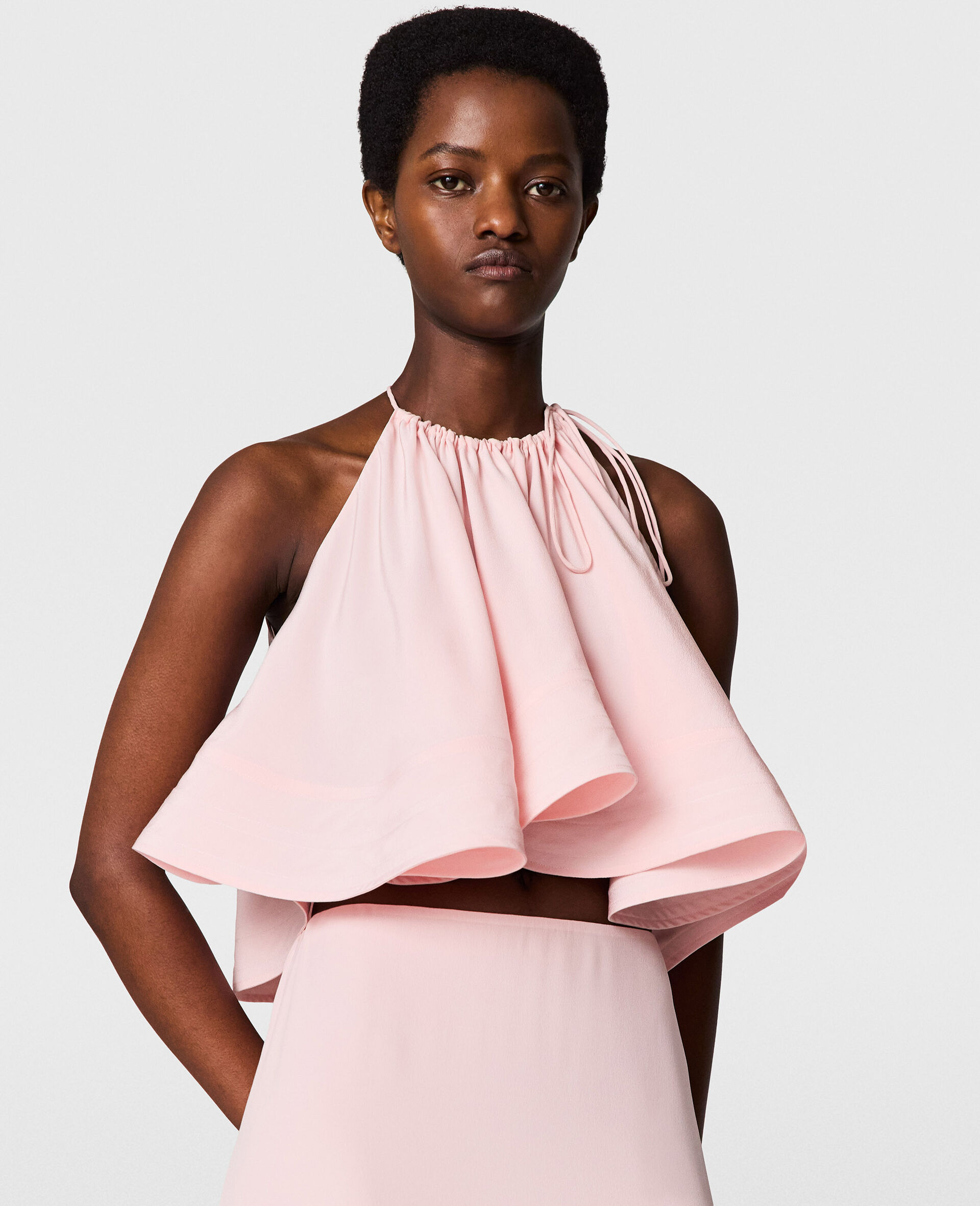 Halterneck Sleeveless Frill Top-Pink-medium