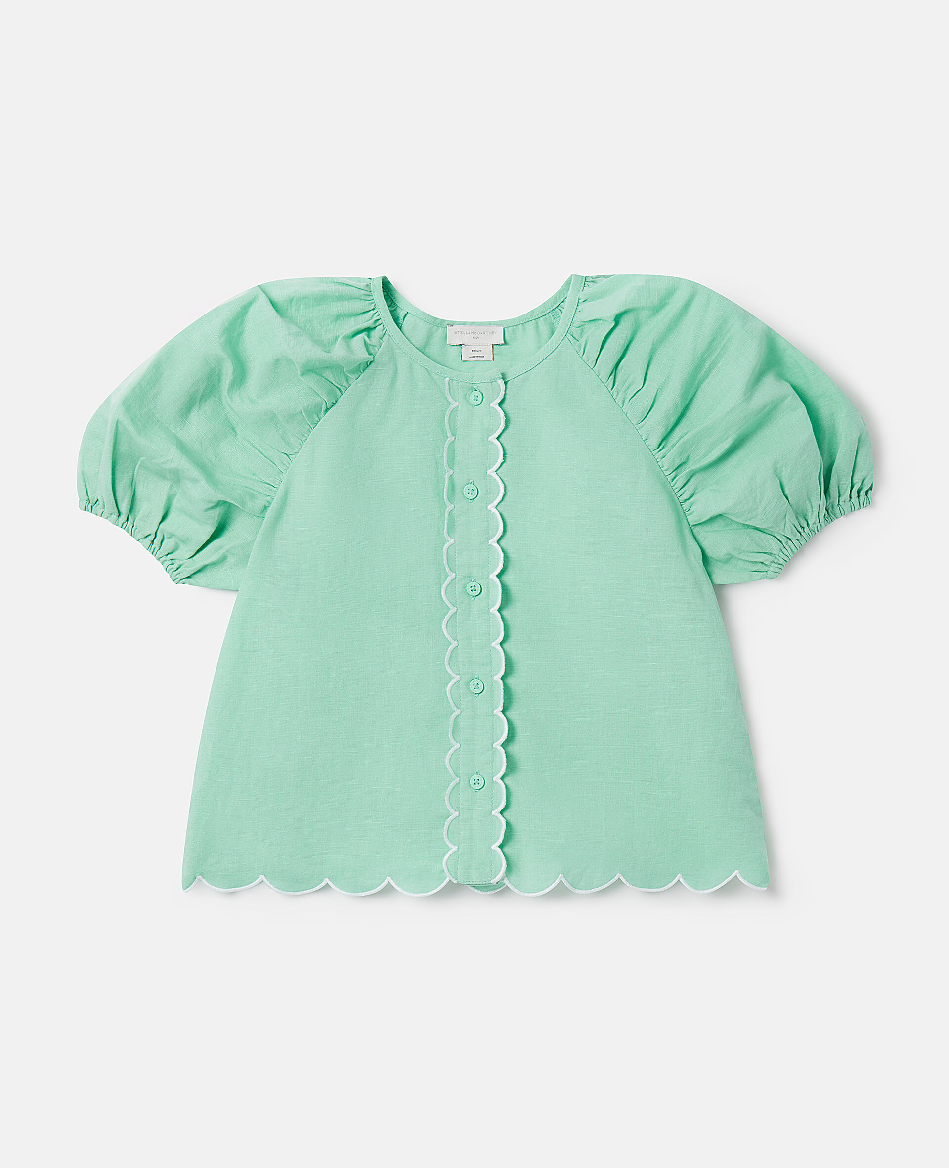 Scalloped Edge Puff Sleeve Shirt-Green-medium