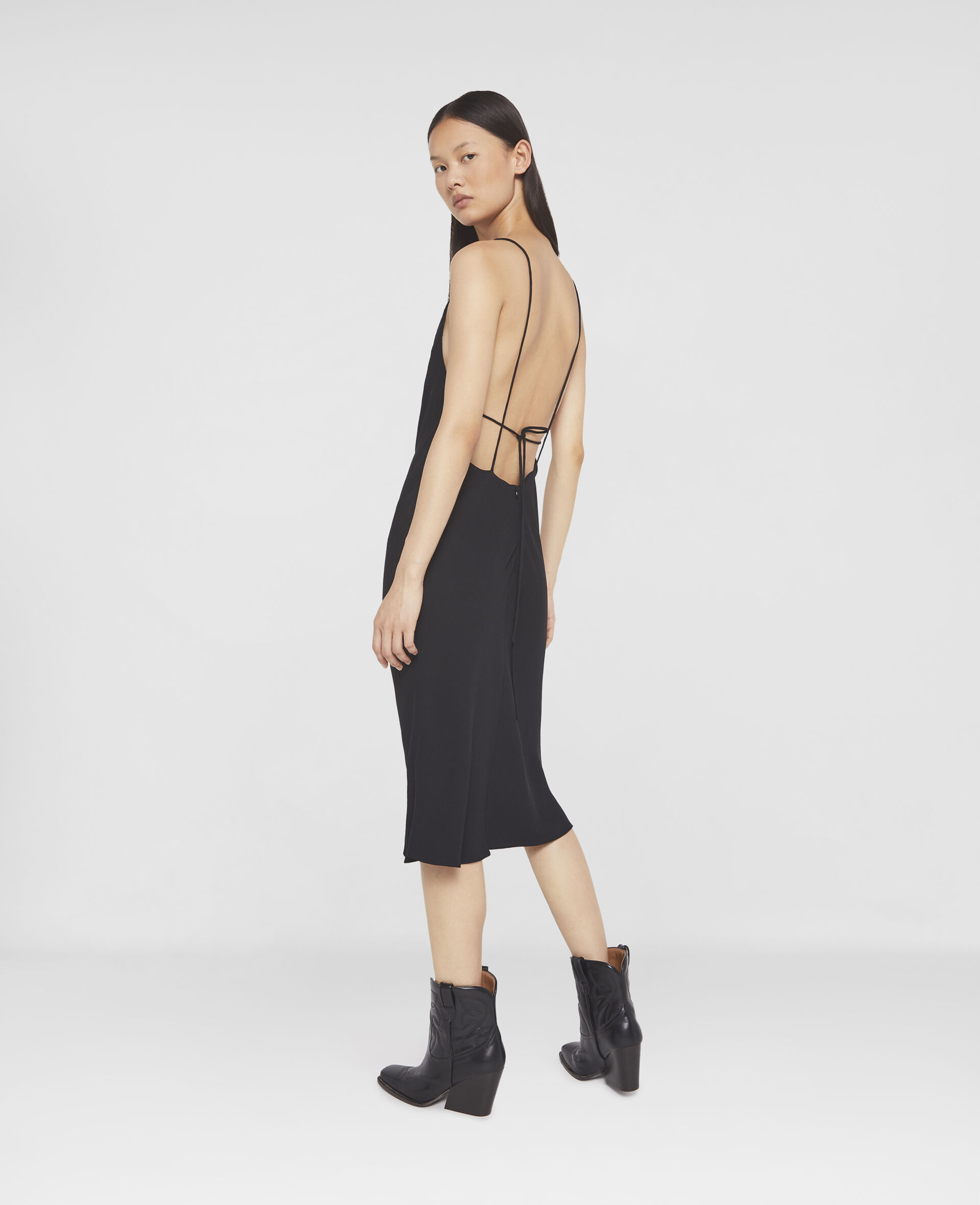 V Mesh Compact Crepe Slip Dress-Black-large image number 2