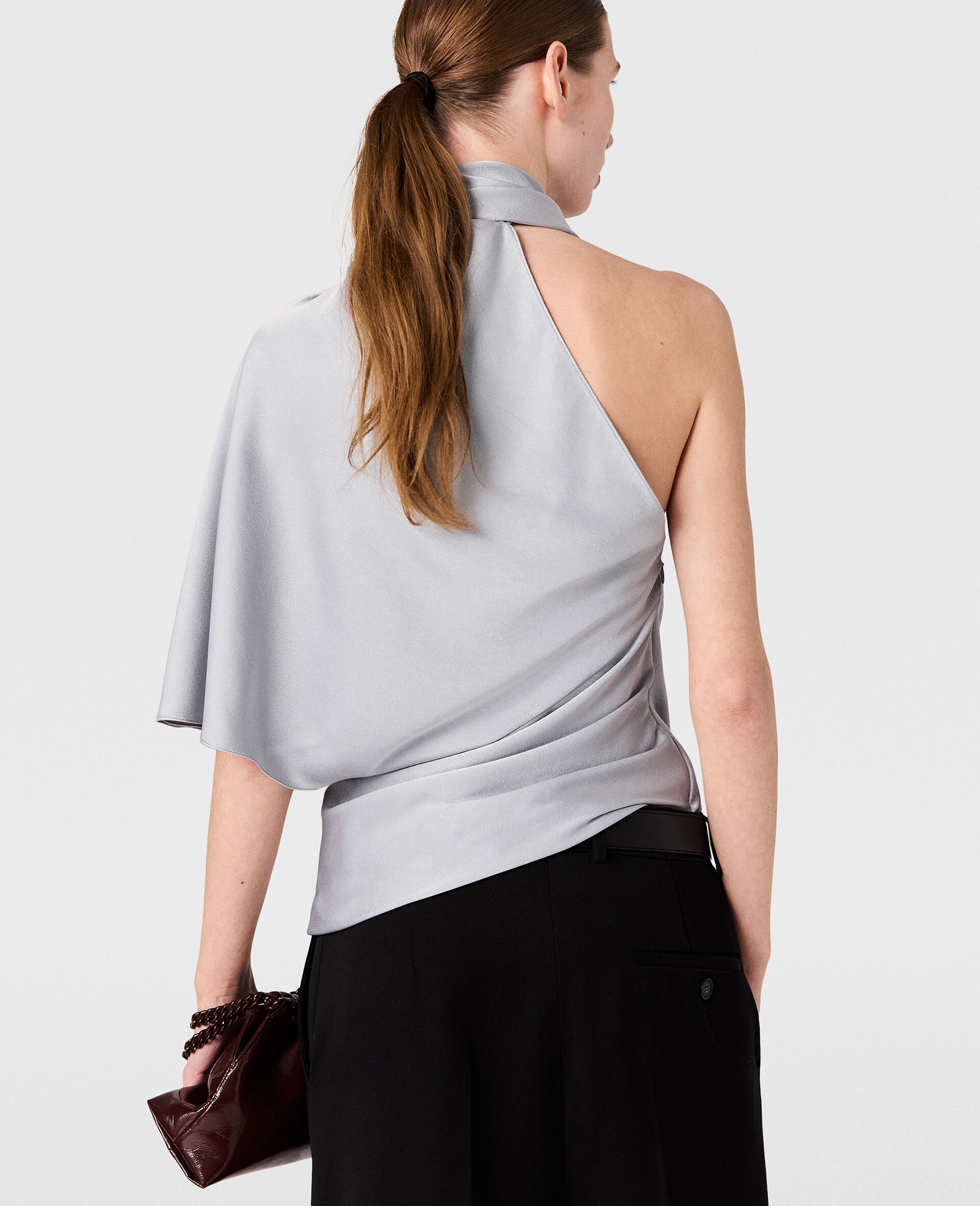Tie Neck Asymmetric Top-Blue-large image number 4