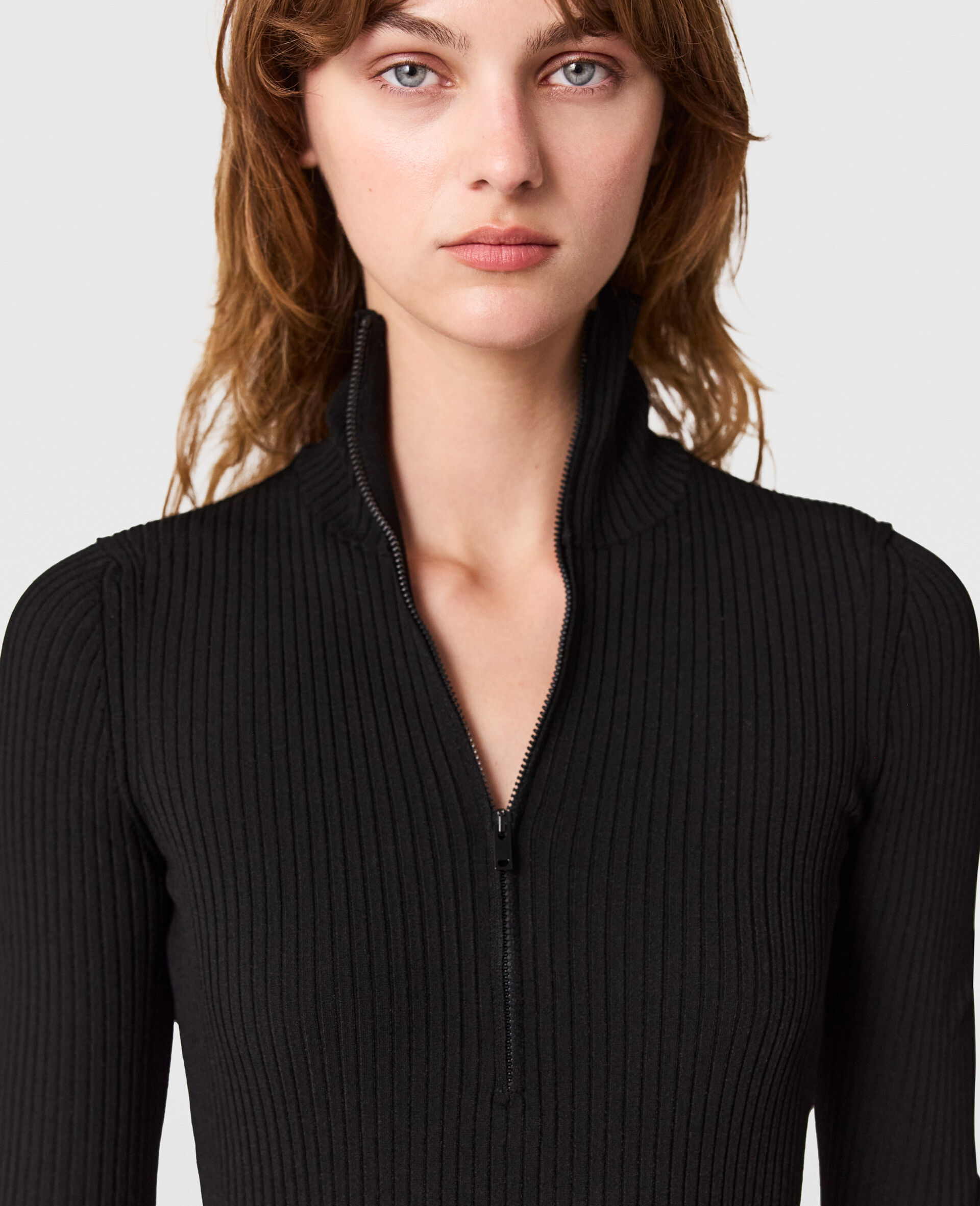 Abito Midi in Maglia a Coste con Collo a Zip-Nero-large image number 5