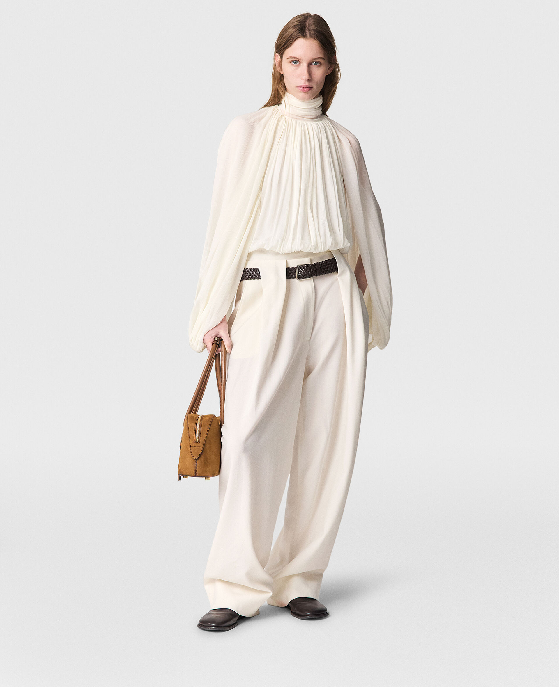 Pleated Baloon Sleeve Top-White-large image number 6