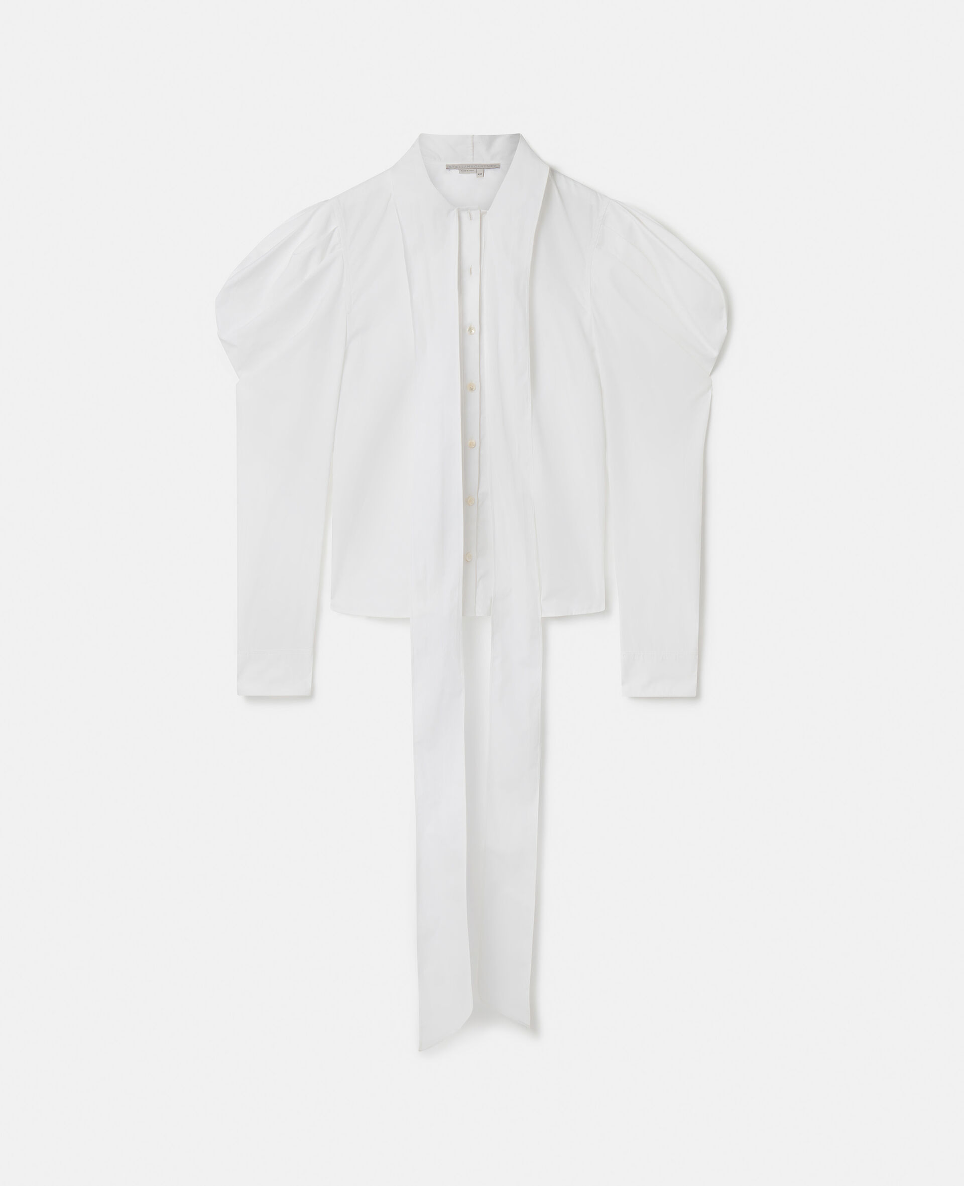 Sculptural Puff Sleeve Pussybow Shirt-White-medium