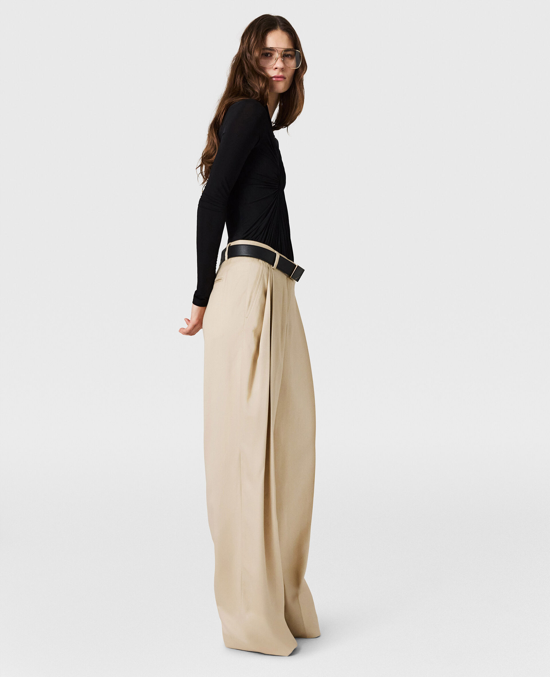 Textured Lightweight Straight Trousers-Cream-large image number 2