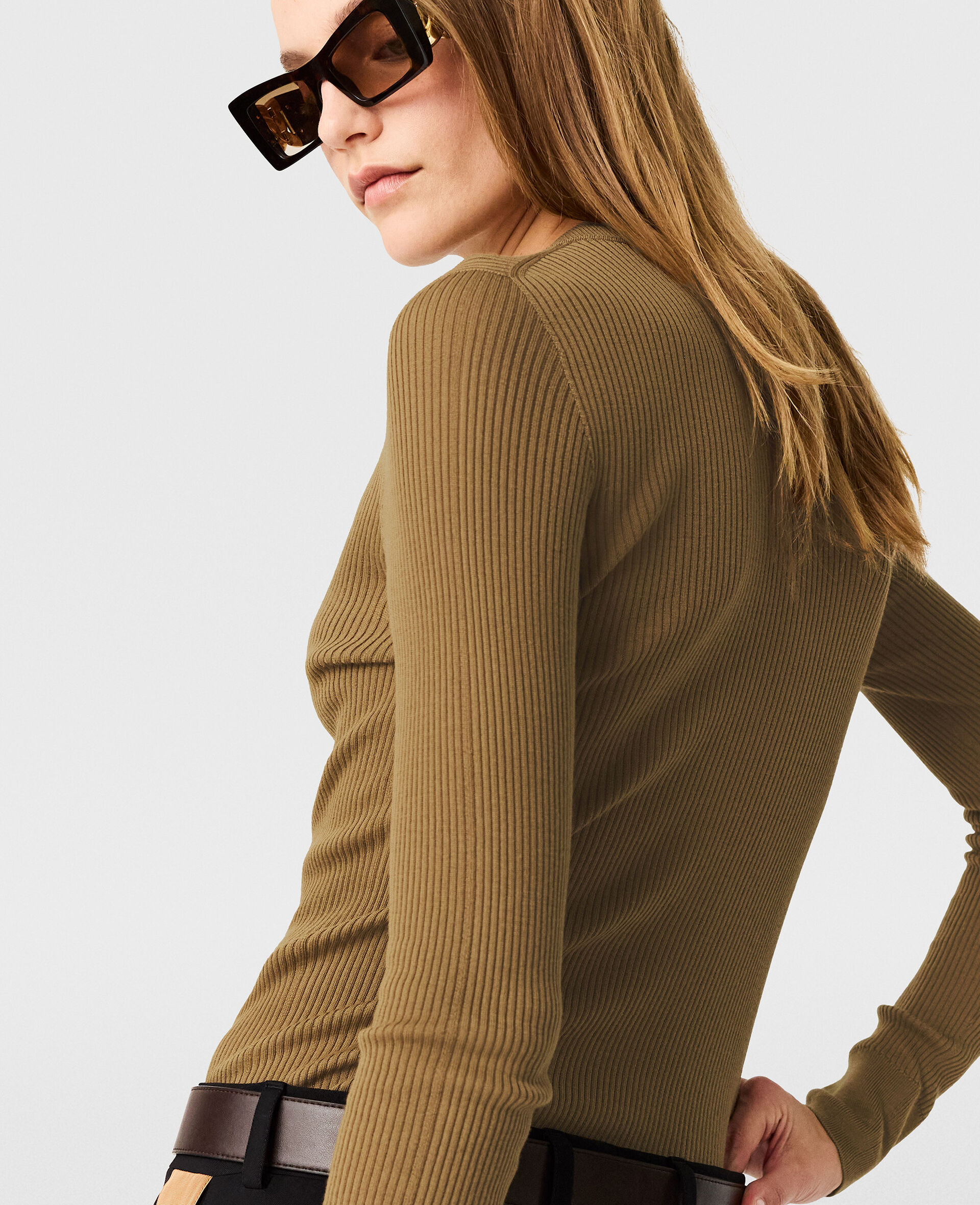 Crewneck Light Knit Cardigan-Beige-large image number 4