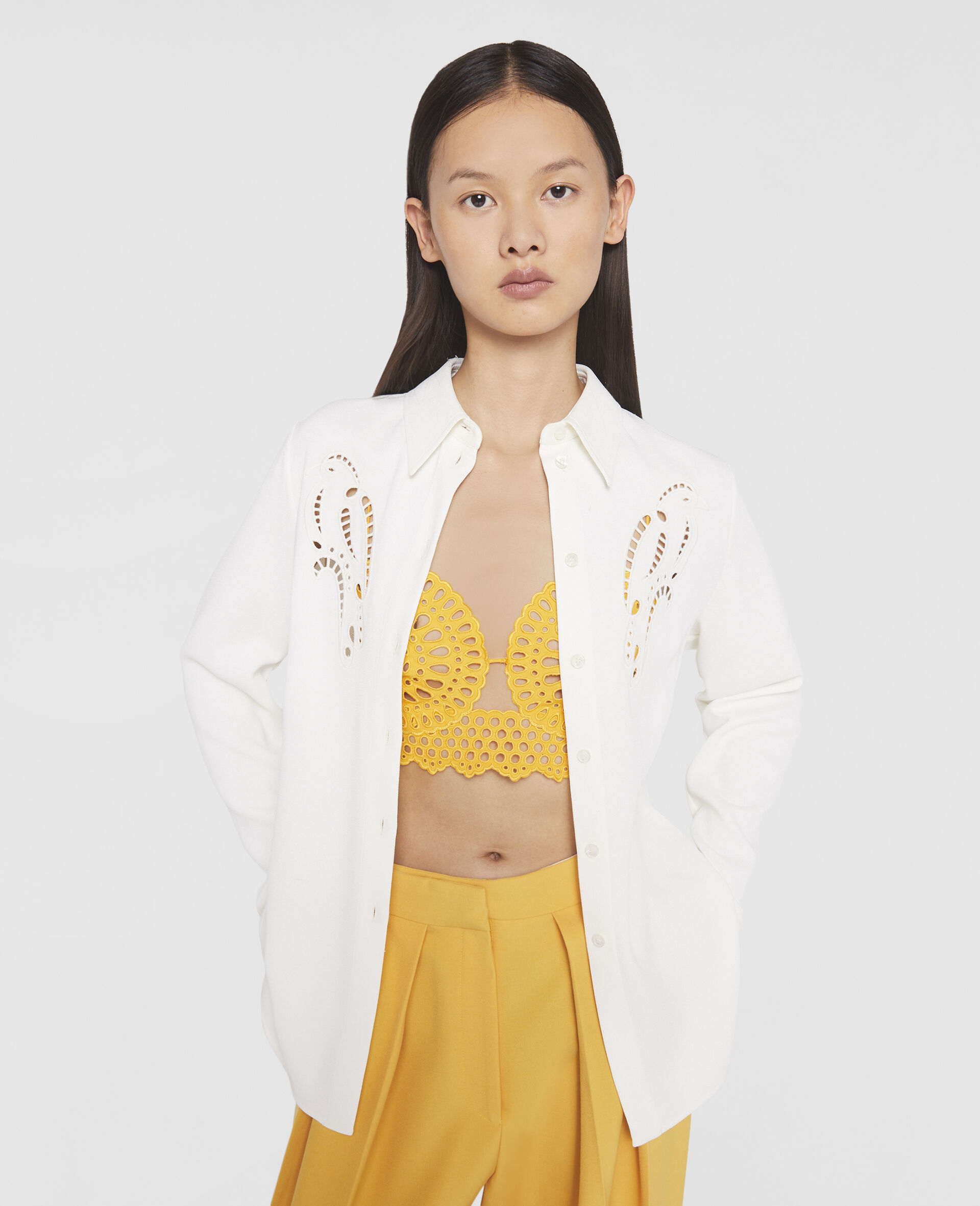 Petal Crochet Compact Crepe Shirt-White-large image number 3