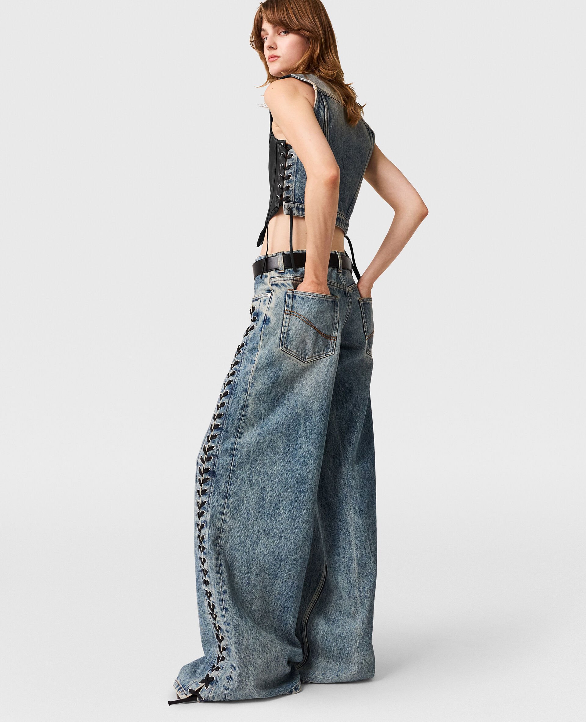 Wide-Leg Lace-Up Denim Jeans -Blue-large image number 4