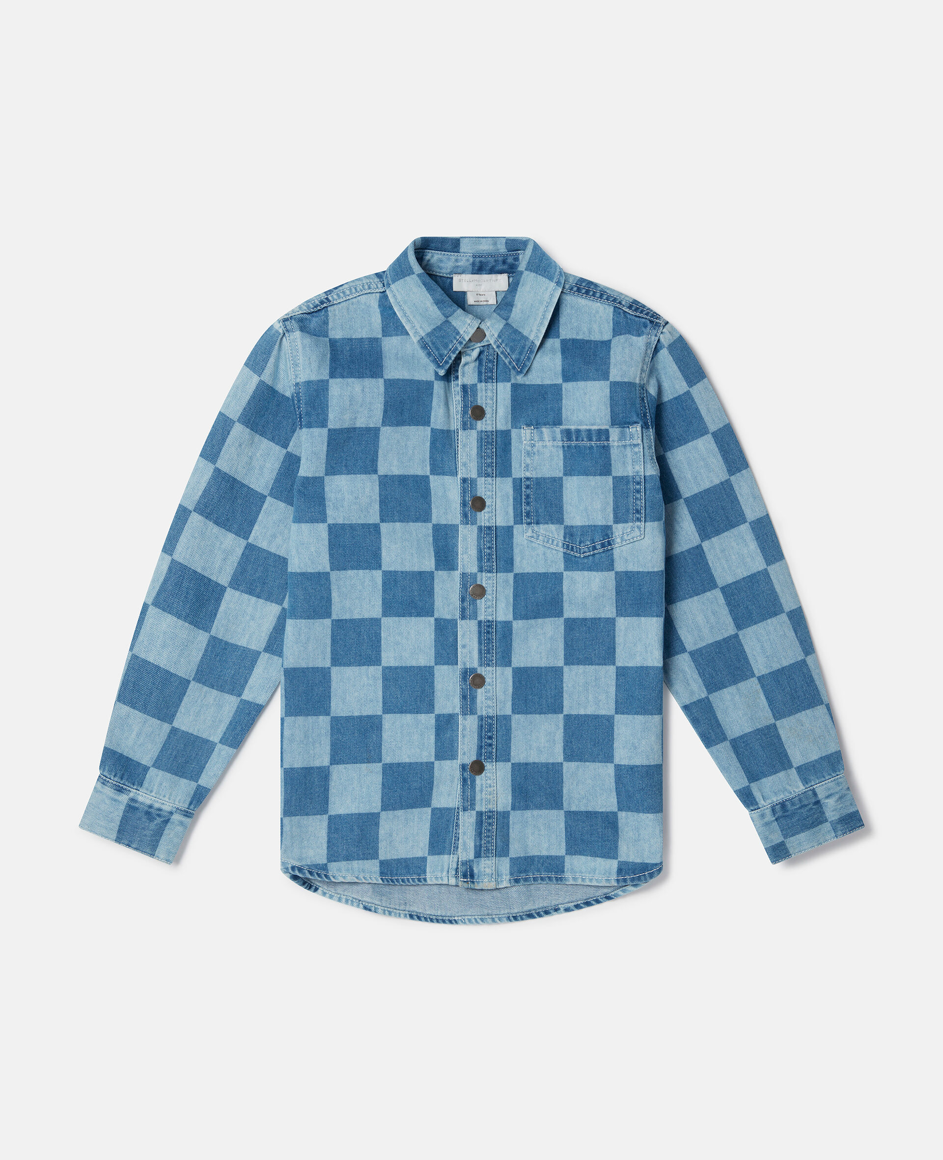 Checkerboard Print Denim Shirt-Blue-medium
