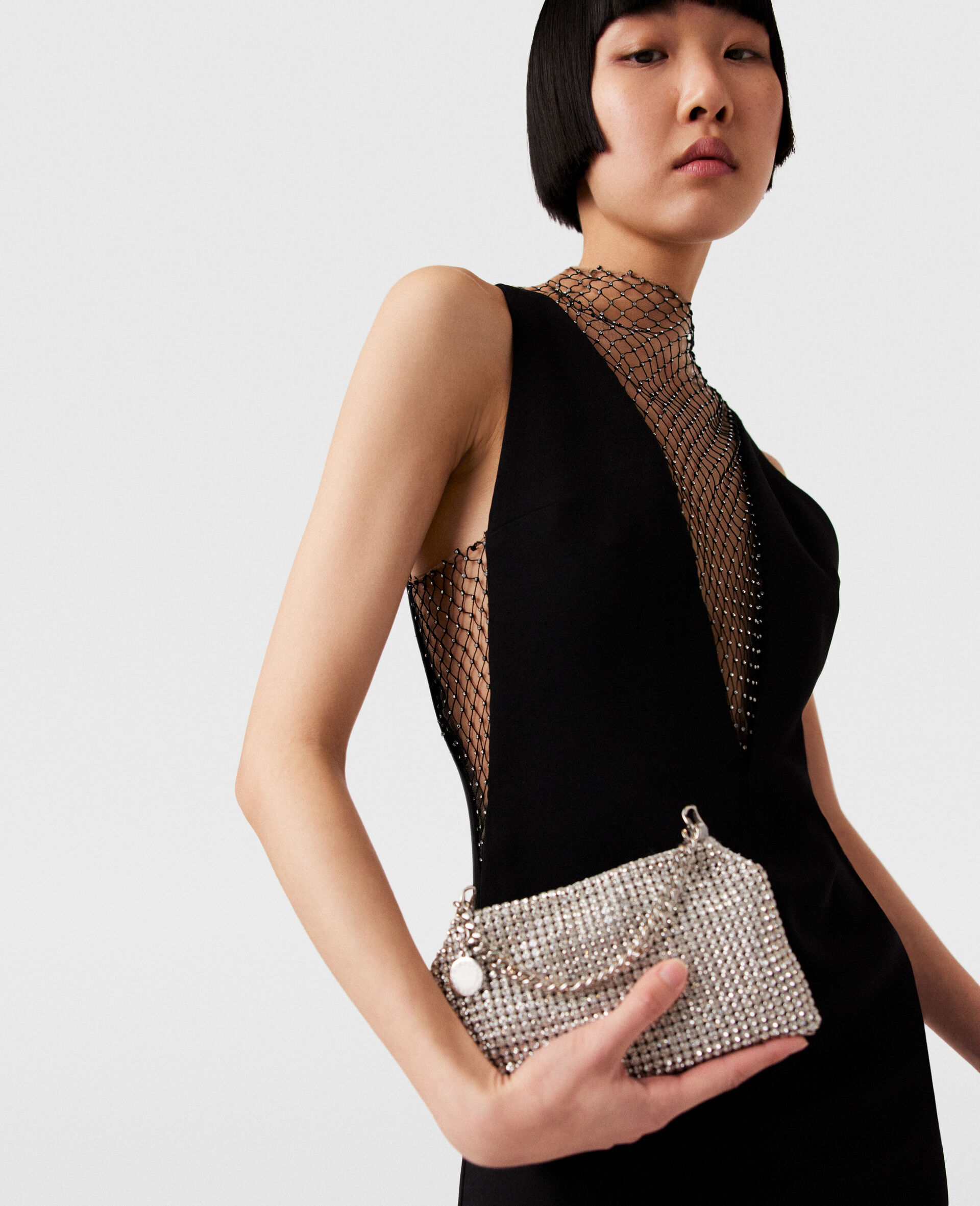 Crystal Mesh Deep V Midi Dress-Black-large image number 5