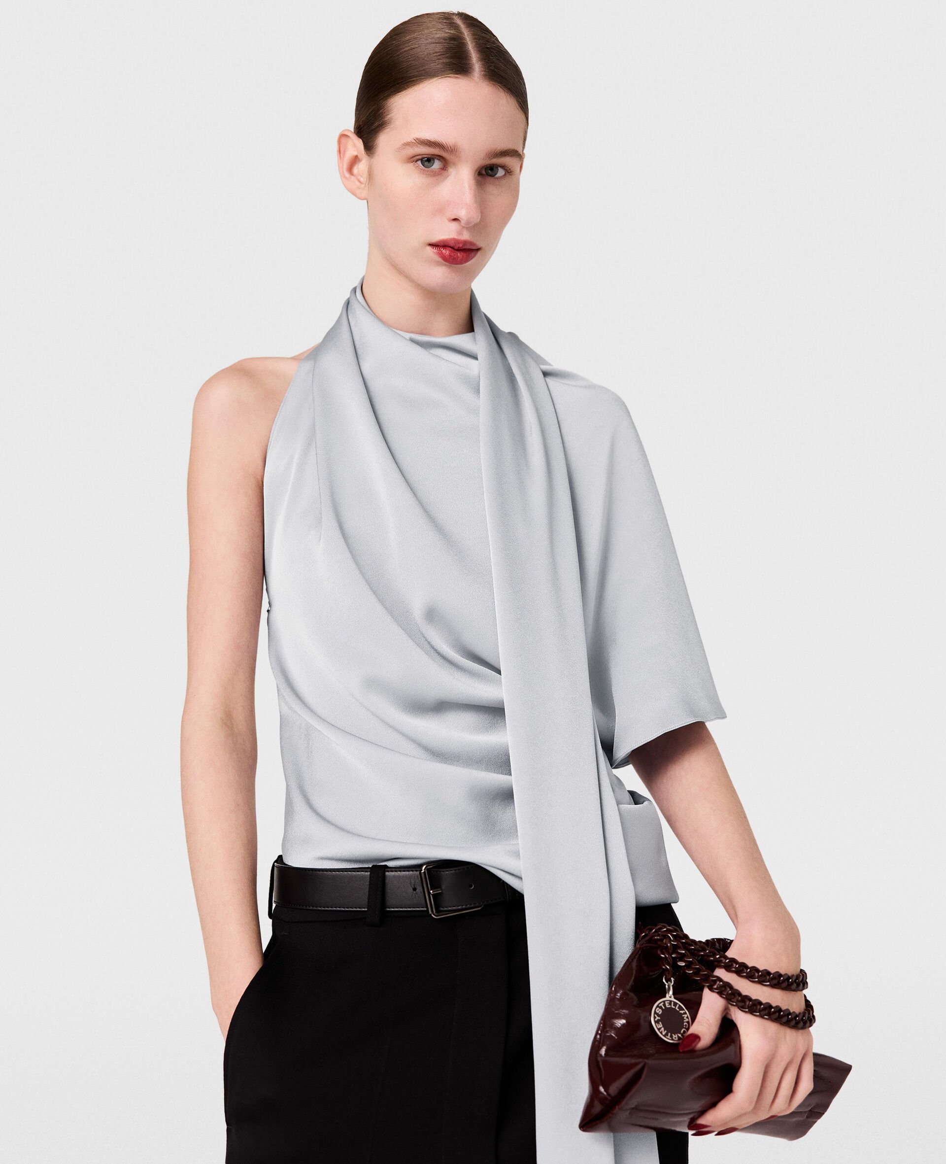 Tie Neck Asymmetric Top-Blue-model
