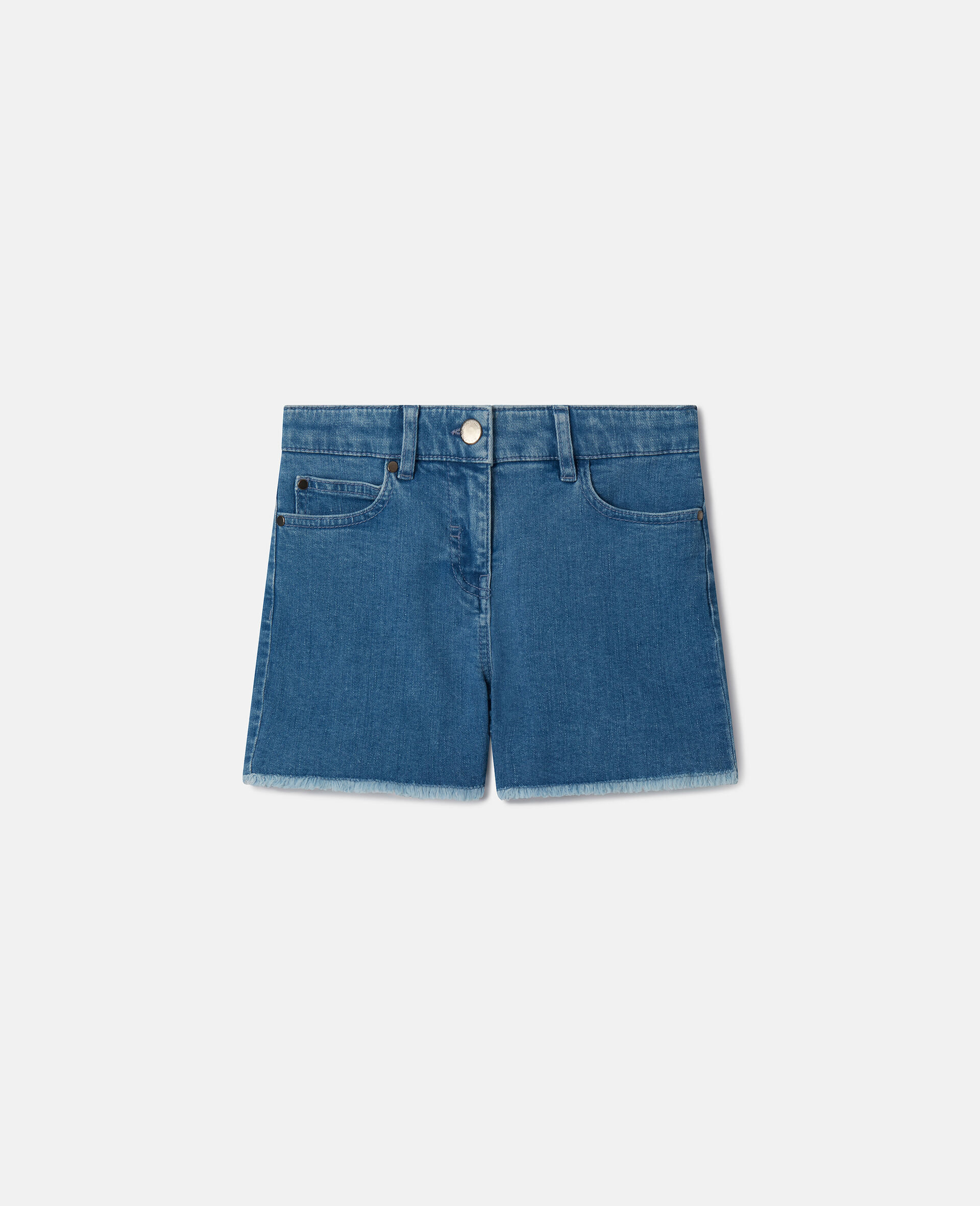 Shorts in denim elasticizzato con toppa a cuore sfrangiata-Blu-medium