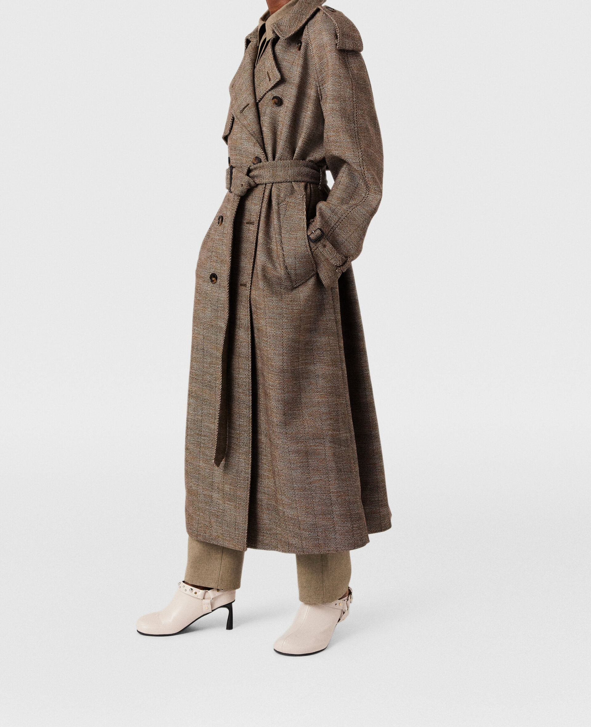 Belted Herringbone Trench Coat-Brown-model