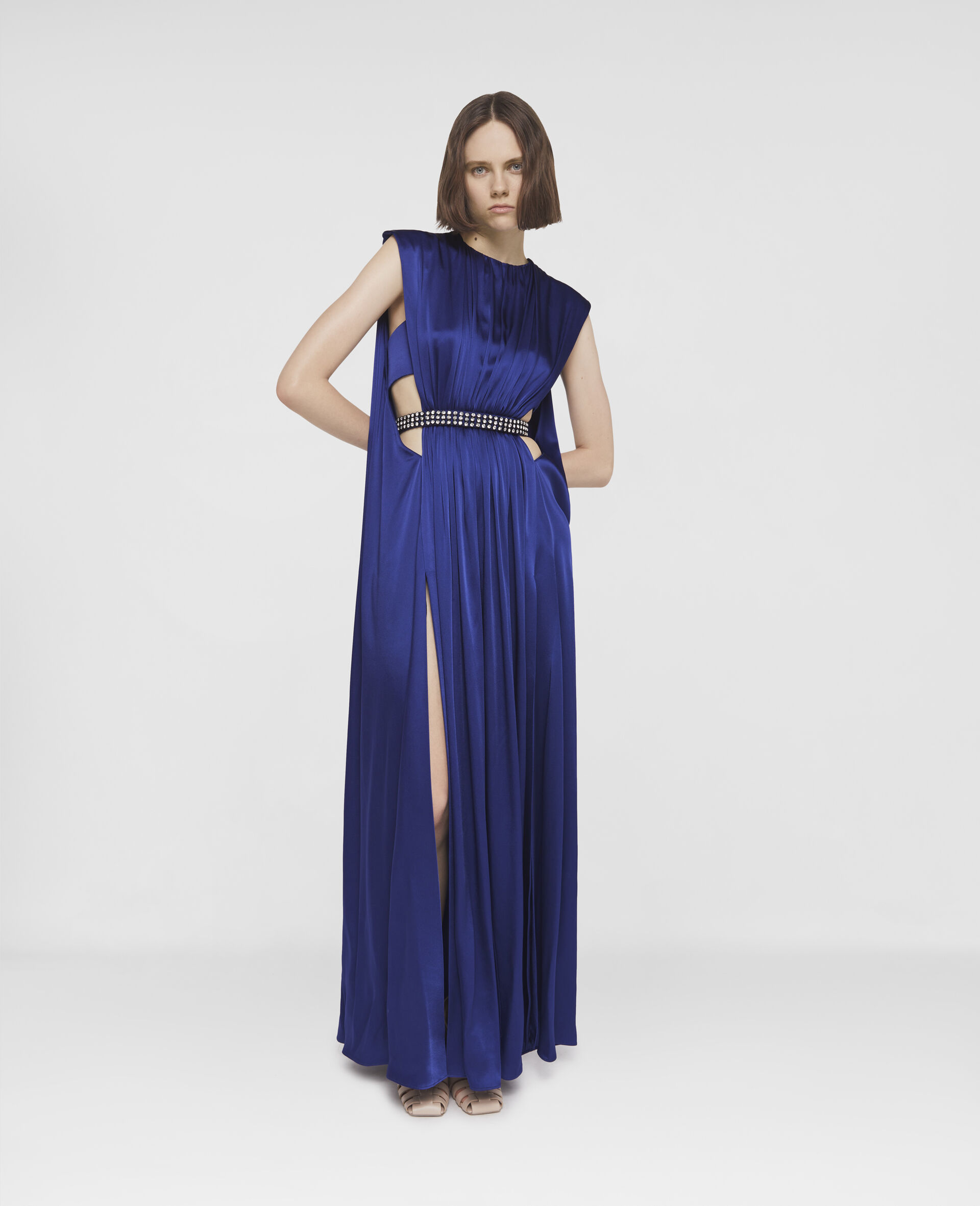 Belted Pleat Front Double Satin Evening Dress-Blue-large image number 1