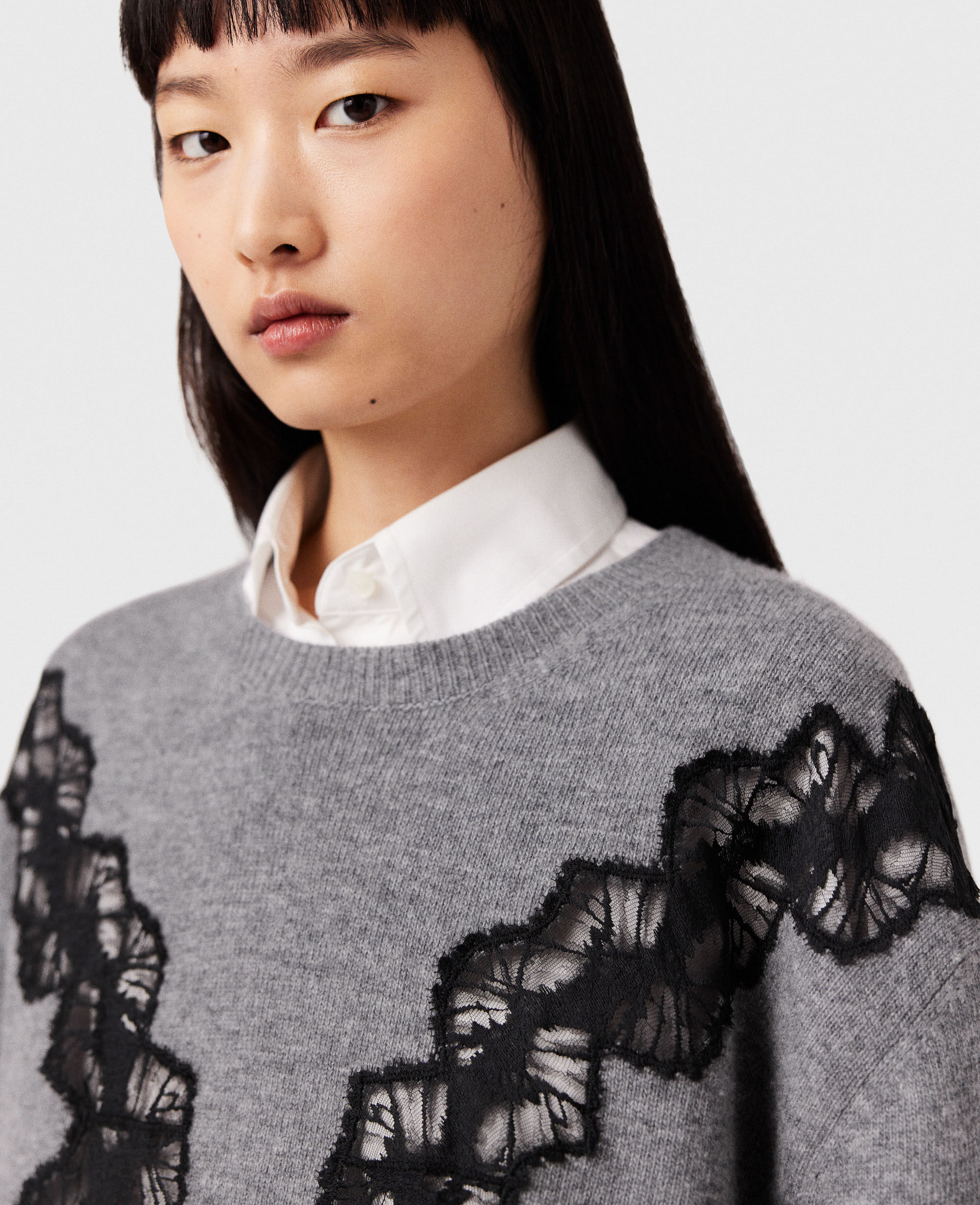 Women Grey melange Lace Insert Long Sleeve Jumper | Stella McCartney CZ