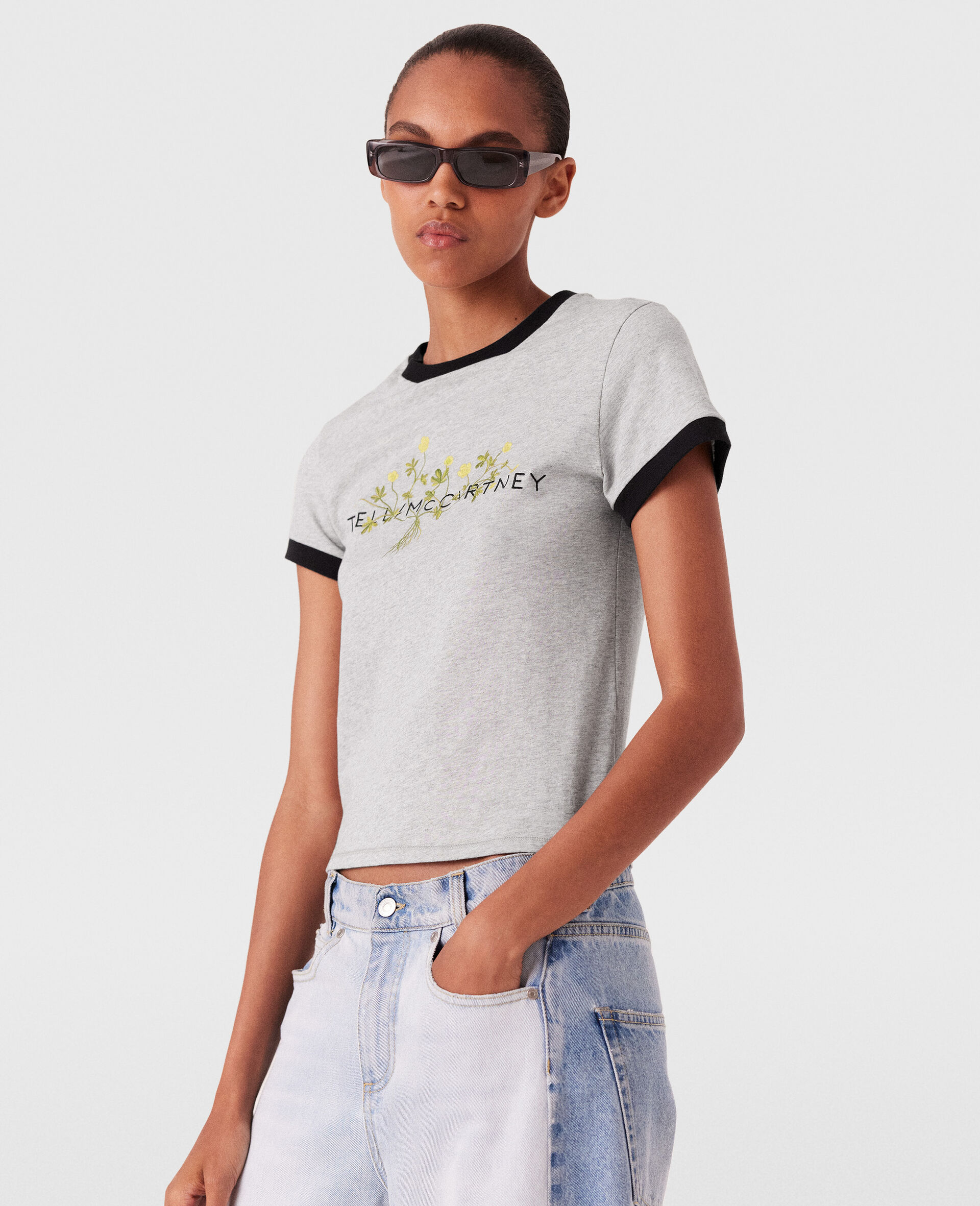 Logo Floral Embroidered T-Shirt-Grey-large image number 1