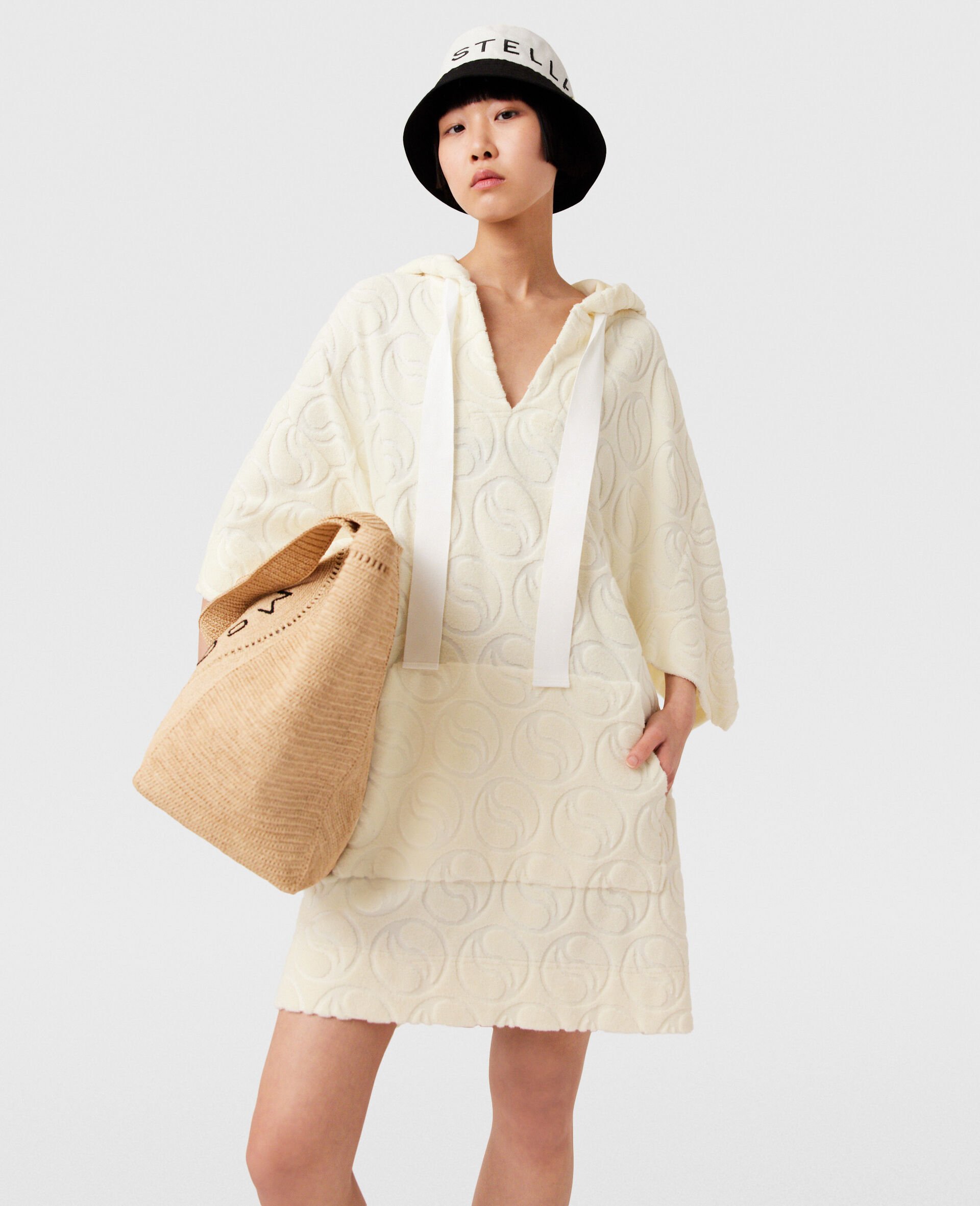 Towelling Hooded Mini Dress-Beige-model Towelling Hooded Mini Dress-Beige-model