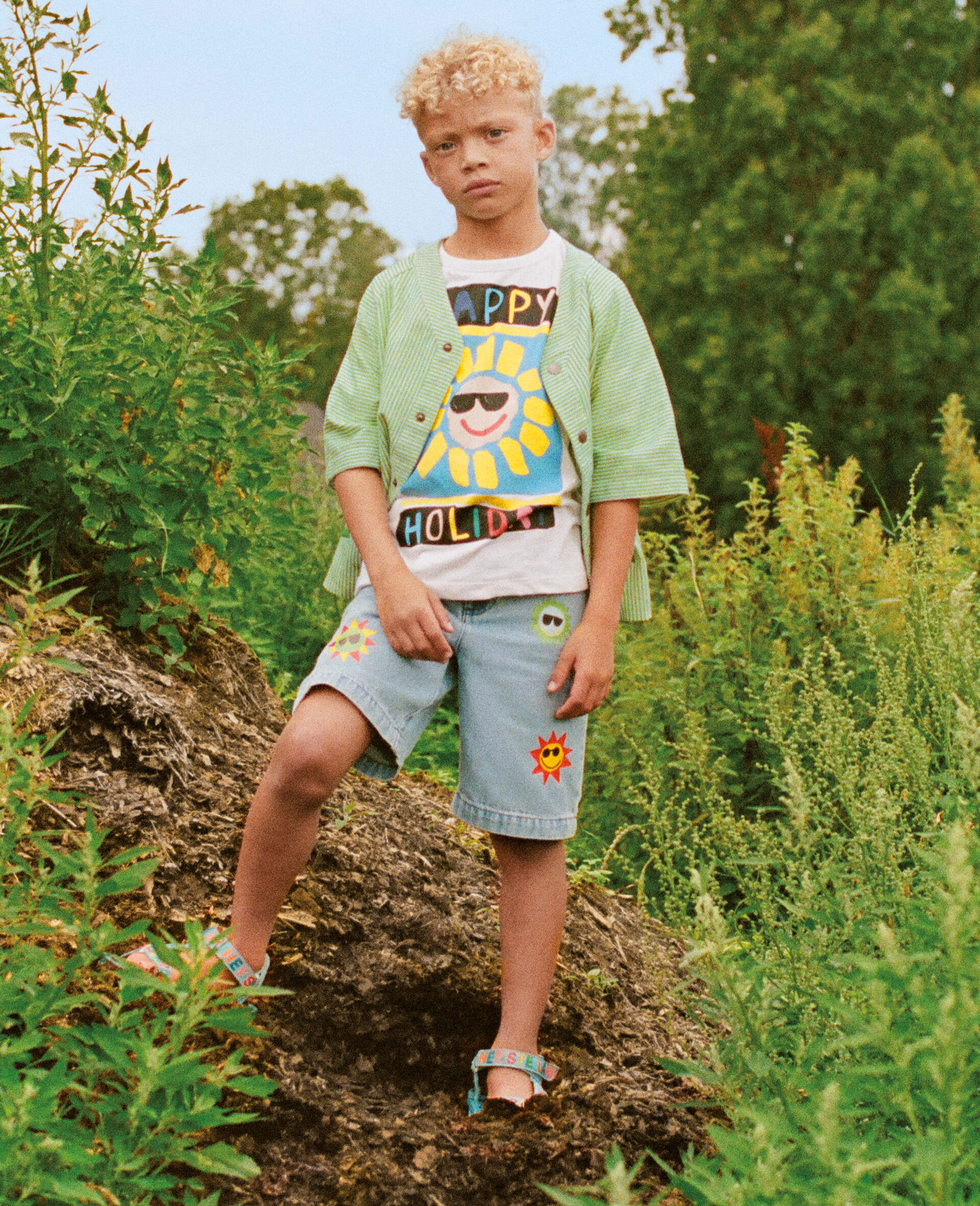 Sunshine Print Denim Shorts-蓝色-large image number 1