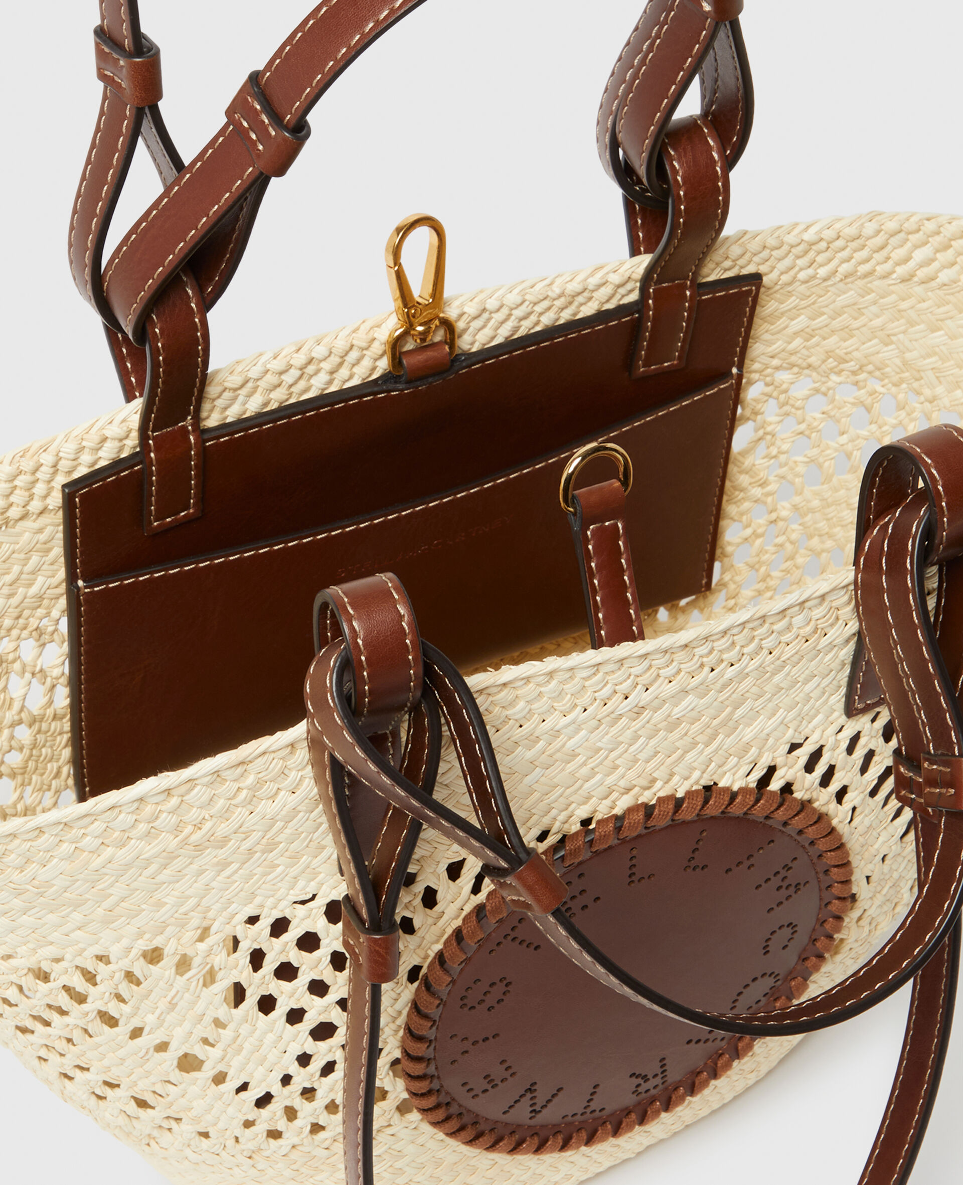 Logo Raffia Crochet Medium Tote Bag-Brown-large image number 4