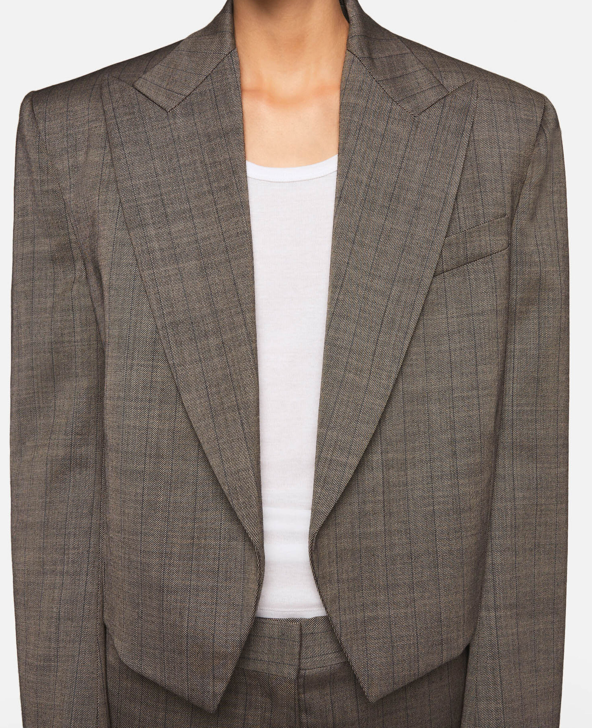 Cropped Pinstripe Wool Blazer -Grey-large image number 6