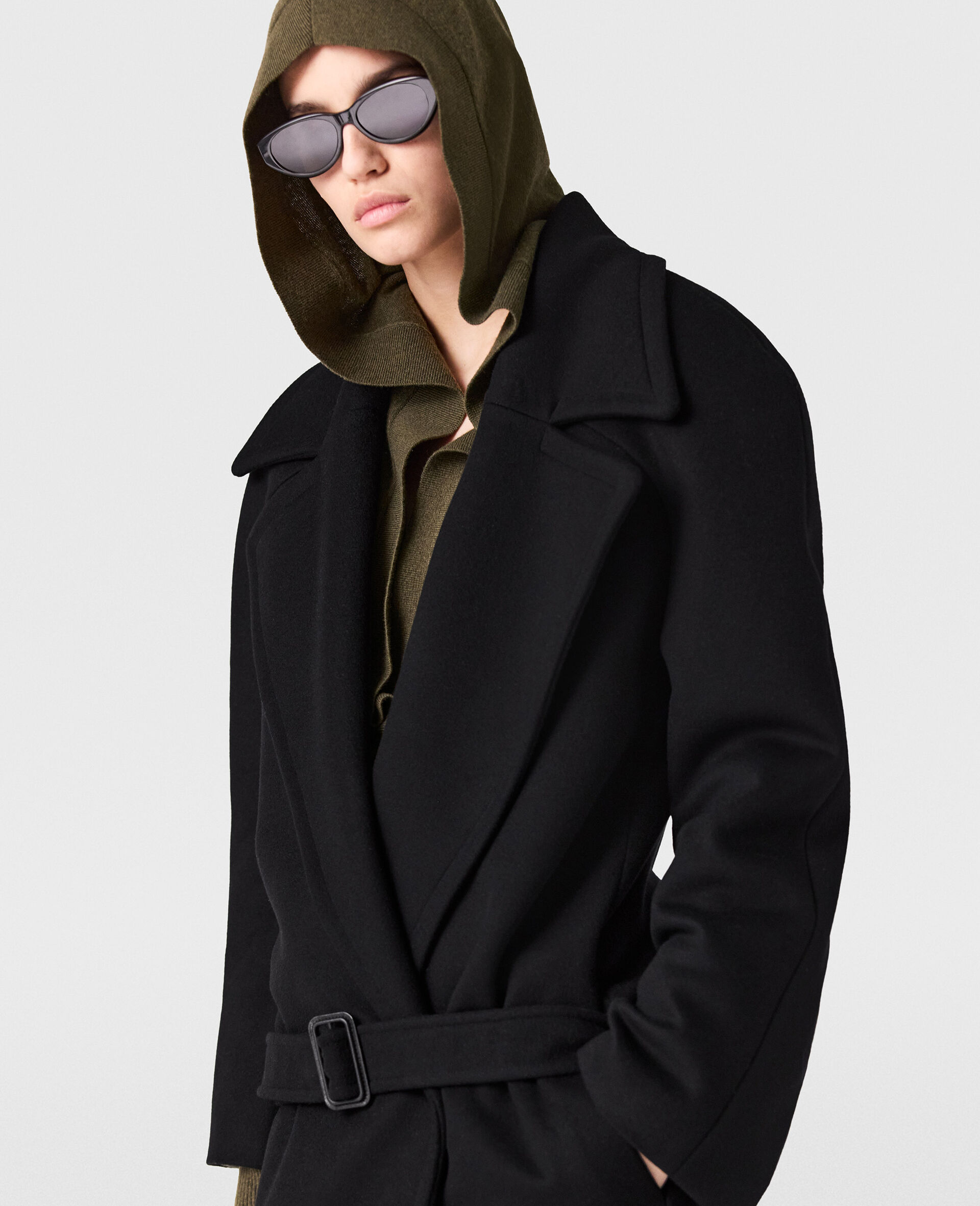 Belted Tonal Buckle Trench Coat-Black-large image number 4