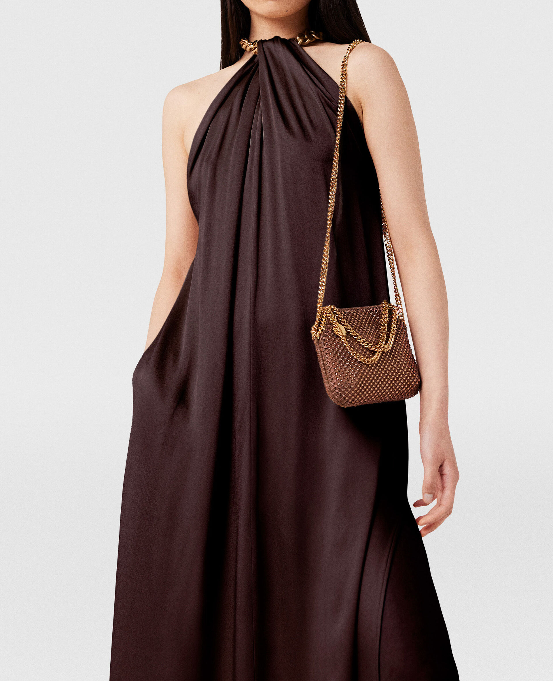 Robe longue en satin a dos nu et chaine-Rose-large image number 5