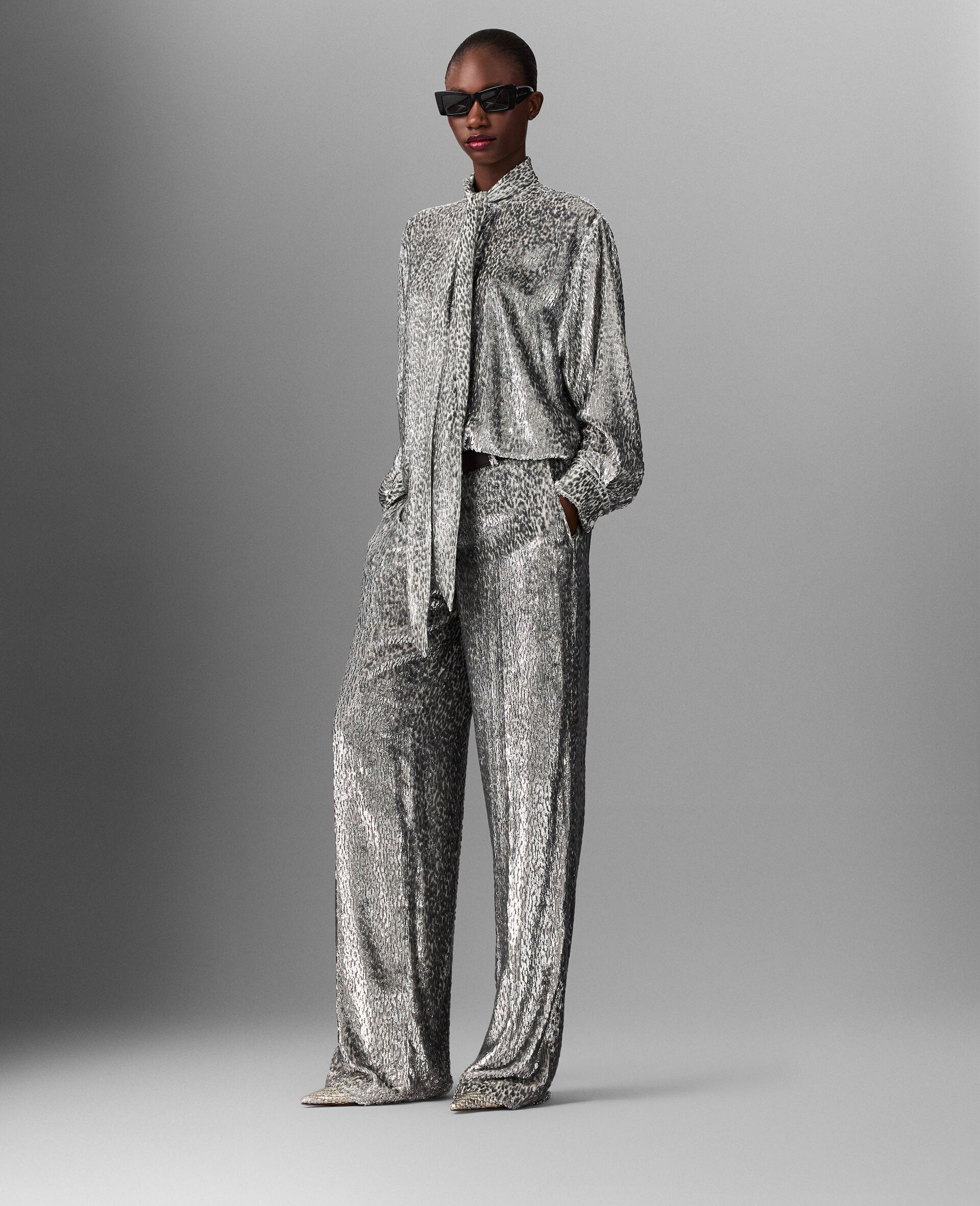 Metallic Velvet Tie-Nneck Shirt-Silver-large image number 4