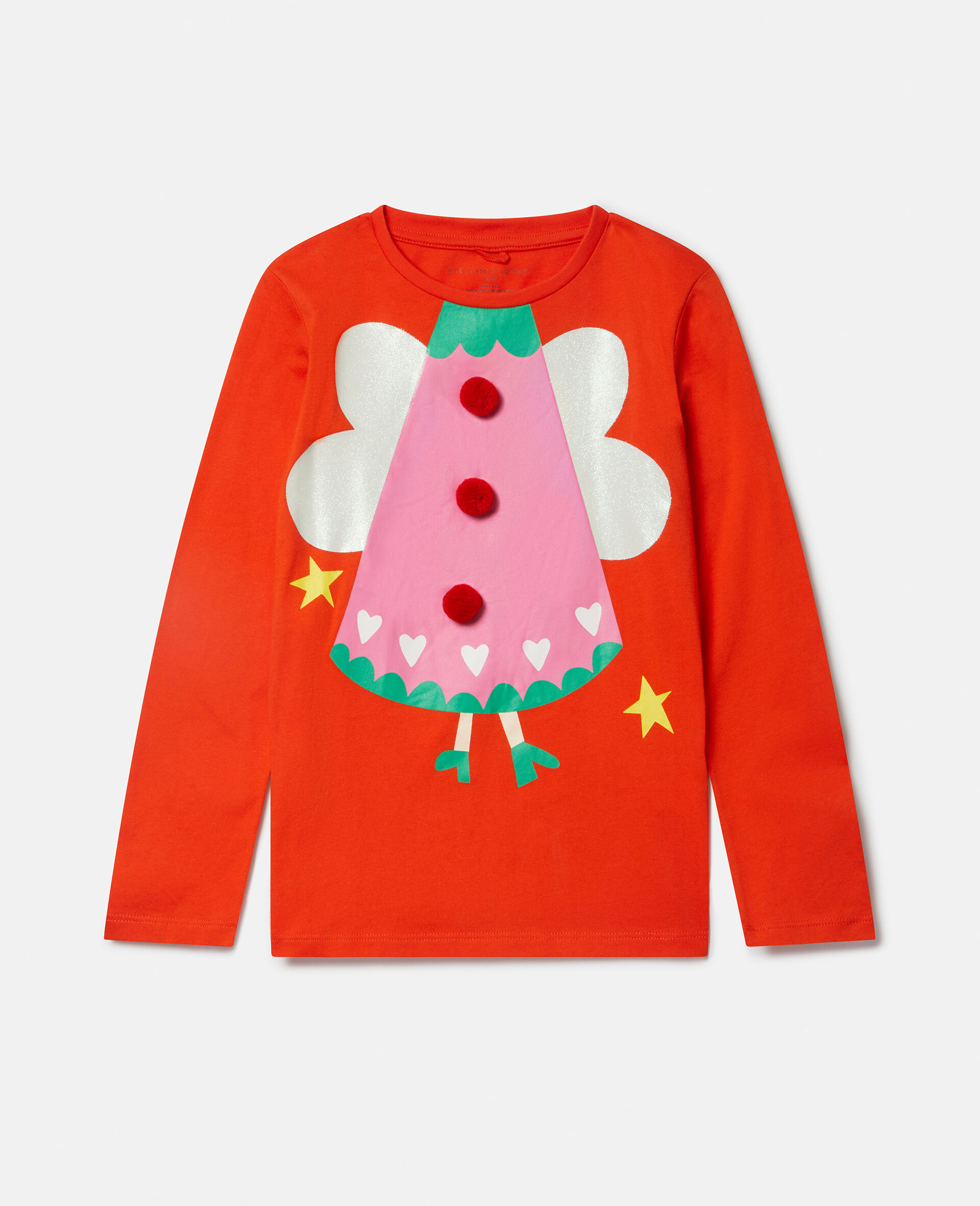 クリスマス エンジェル ポンポン プリント コットン Tシャツ-レッド-large image number 0