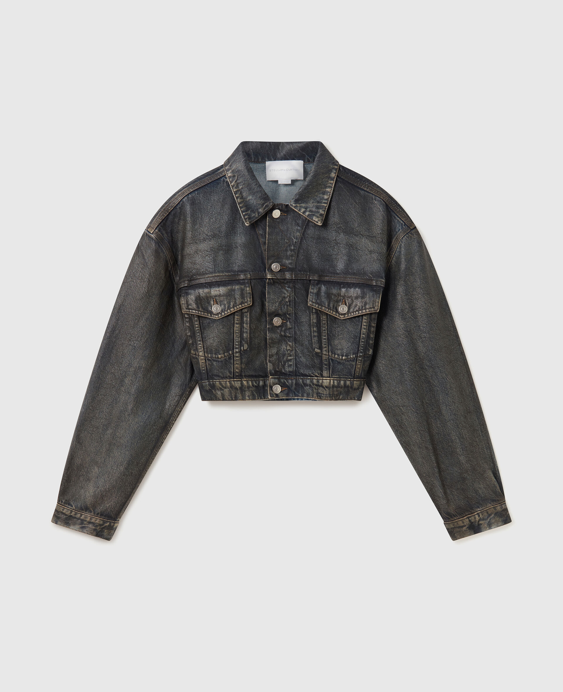 Kurz geschnittene Jeansjacke mit Einsätzen und Used-Look-Finish-Blau-large image number 0