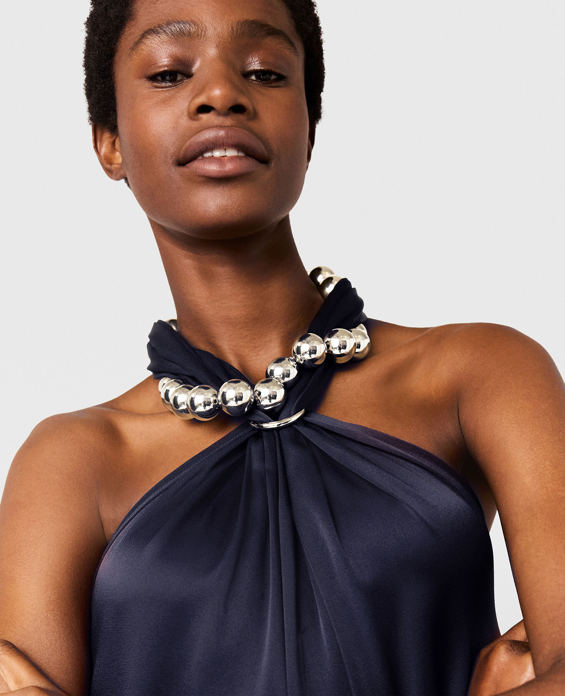 Ball-Chain Halterneck Satin Jumpsuit-Blue-large image number 2