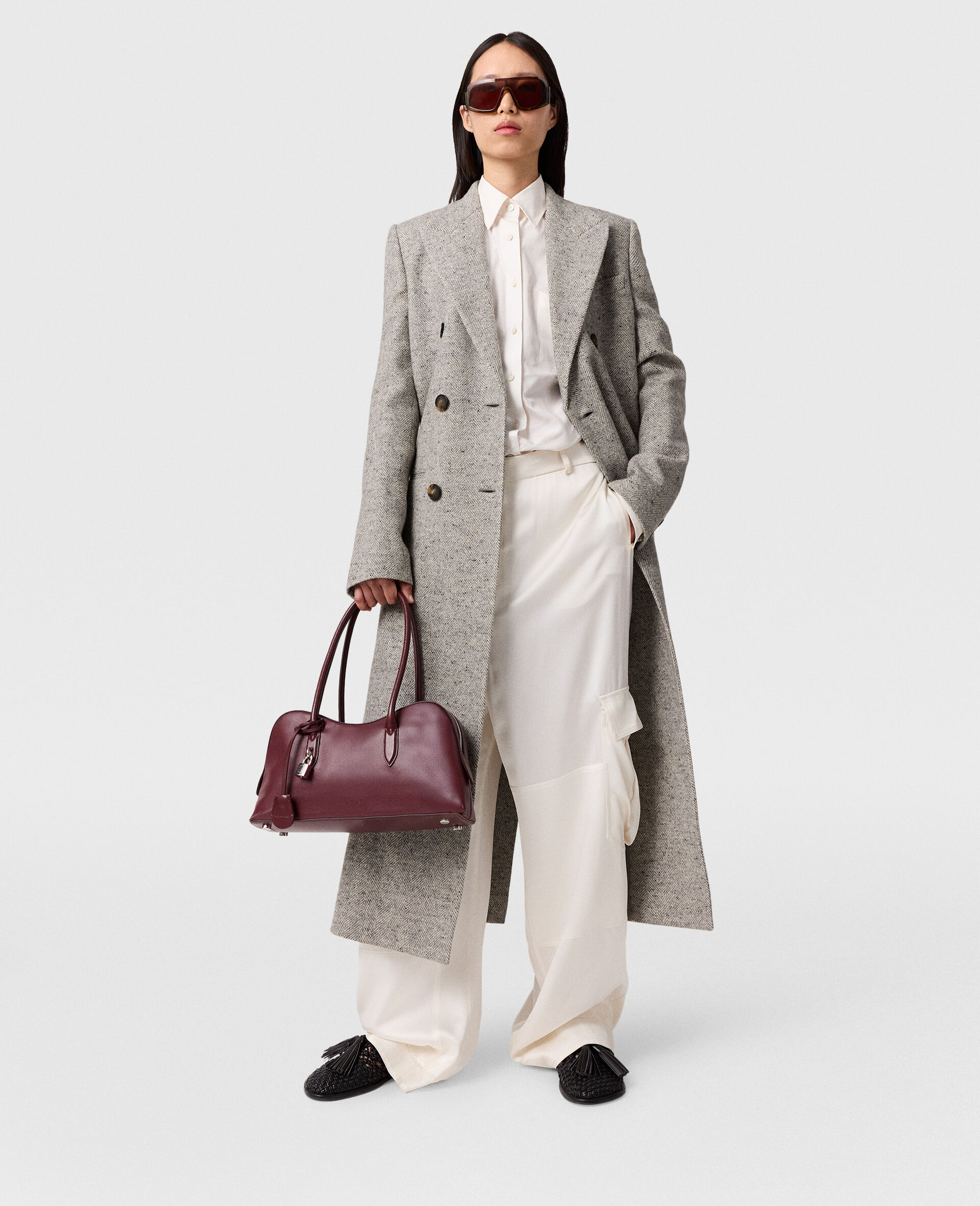 Double Breasted Tweed Long Coat-Grey-model