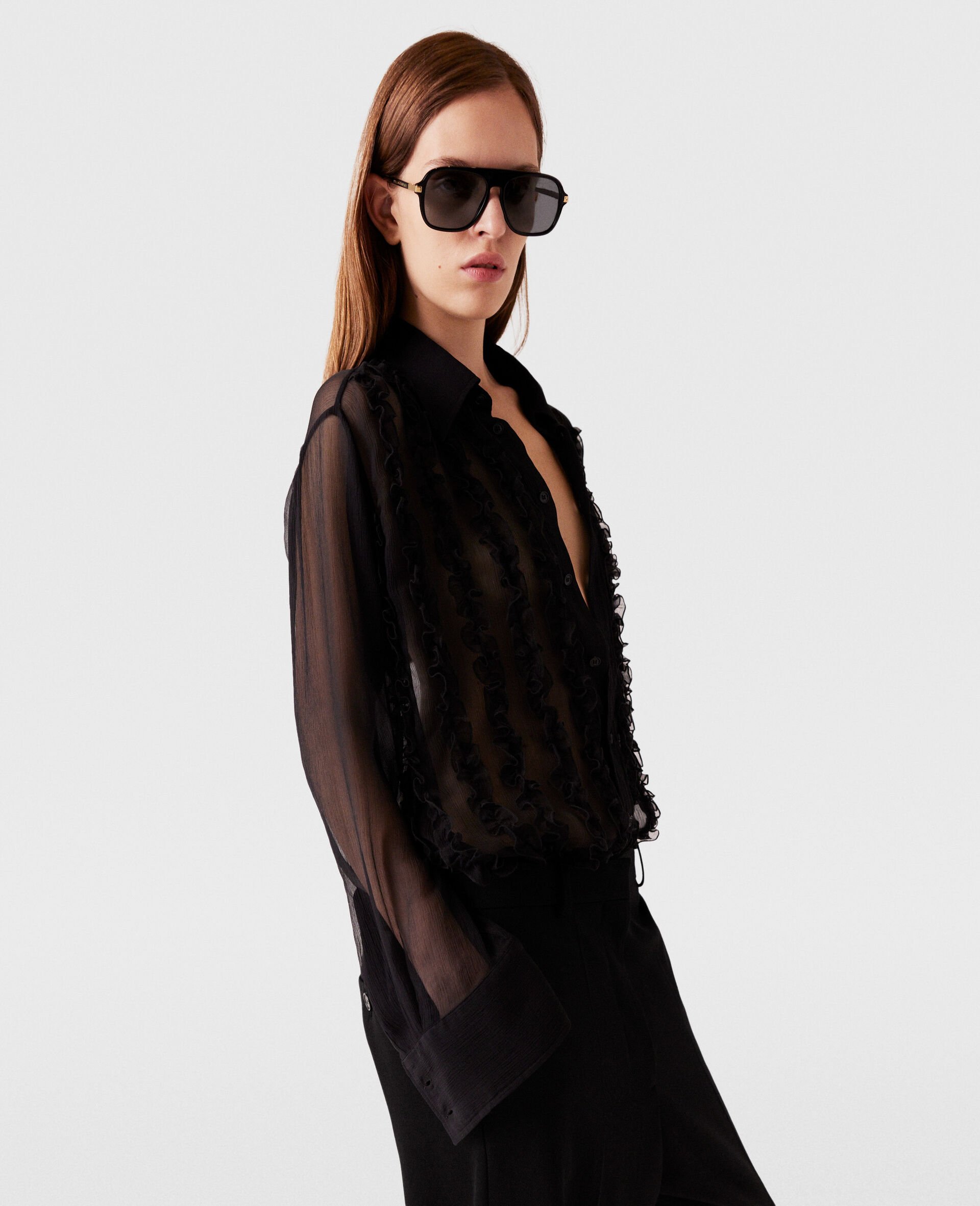 Sheer Ruffled Chiffon Shirt-Black-large Sheer Ruffled Chiffon Shirt-Black-large image number 2