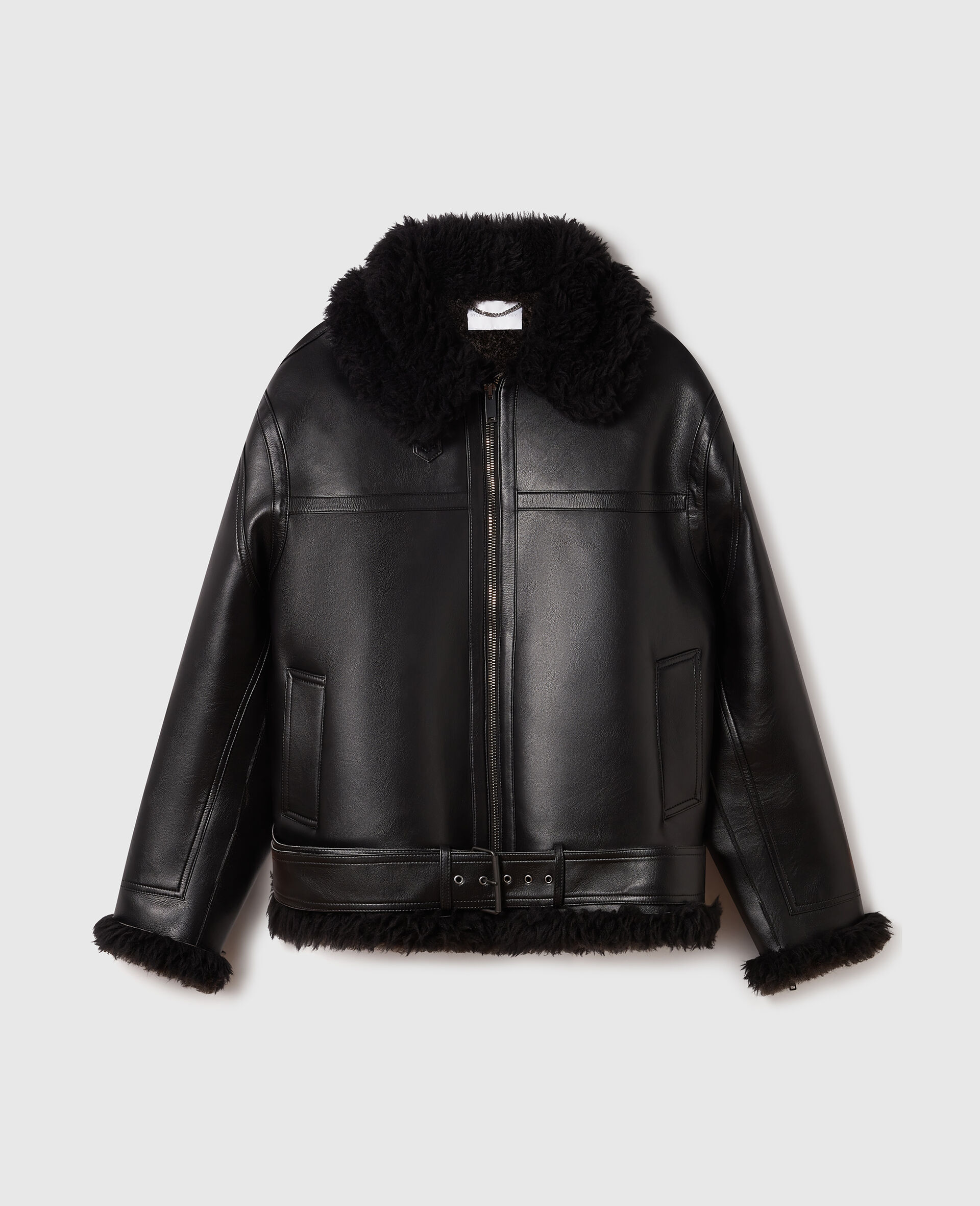 Vegan Shearling Belted Jacket-Black-large image number 0