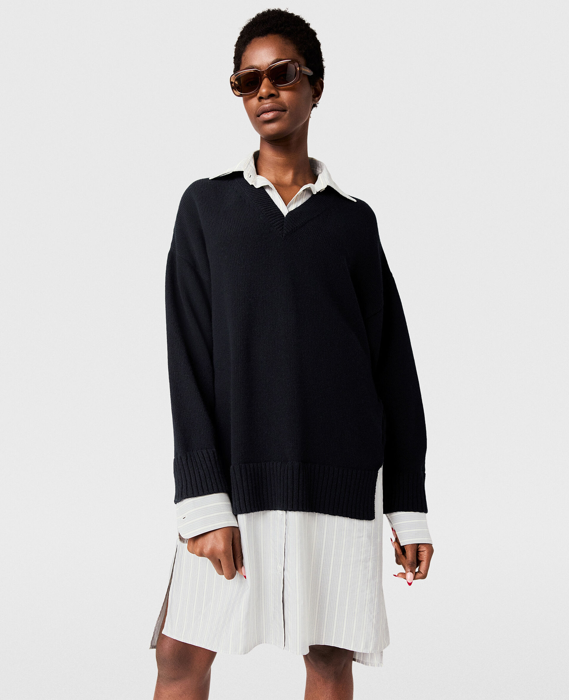 Crewneck Sweater Shirt Dress-Blue-large Crewneck Sweater Shirt Dress-Blue-large image number 5