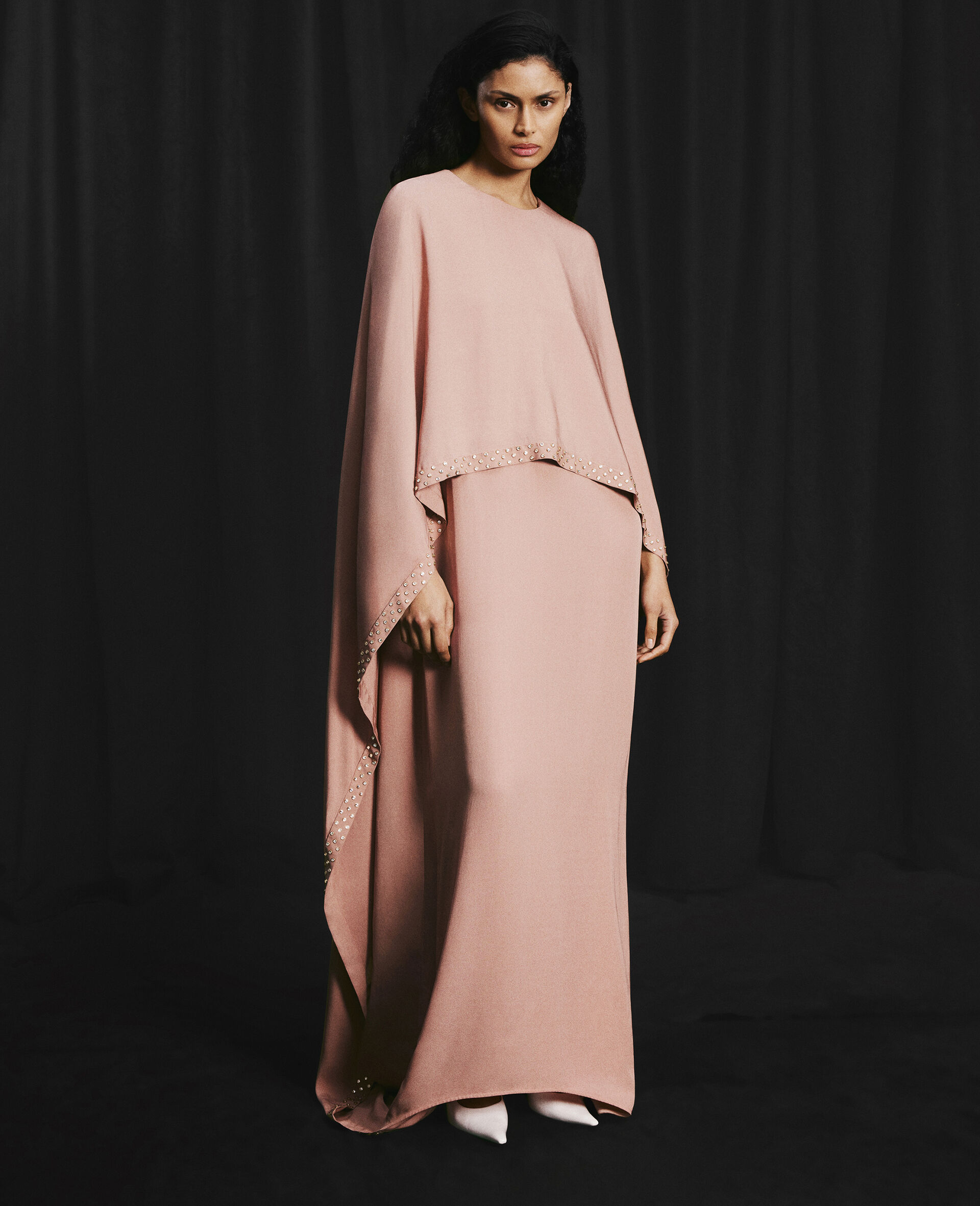 Lead-Free Crystal Cape Gown-Pink-model