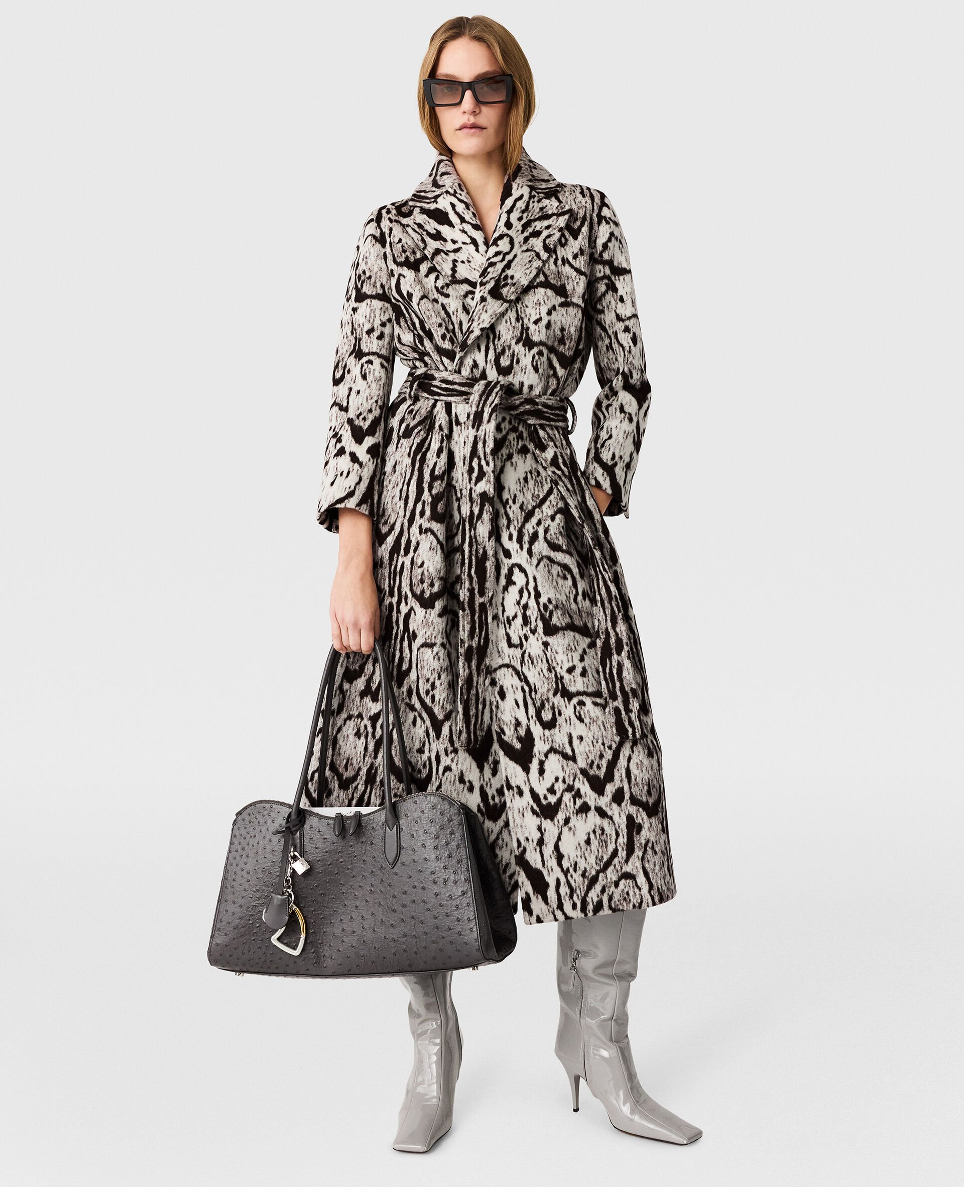 Trench con Cintura in Jacquard Stampa Leopardo Nebuloso-Grigio-medium