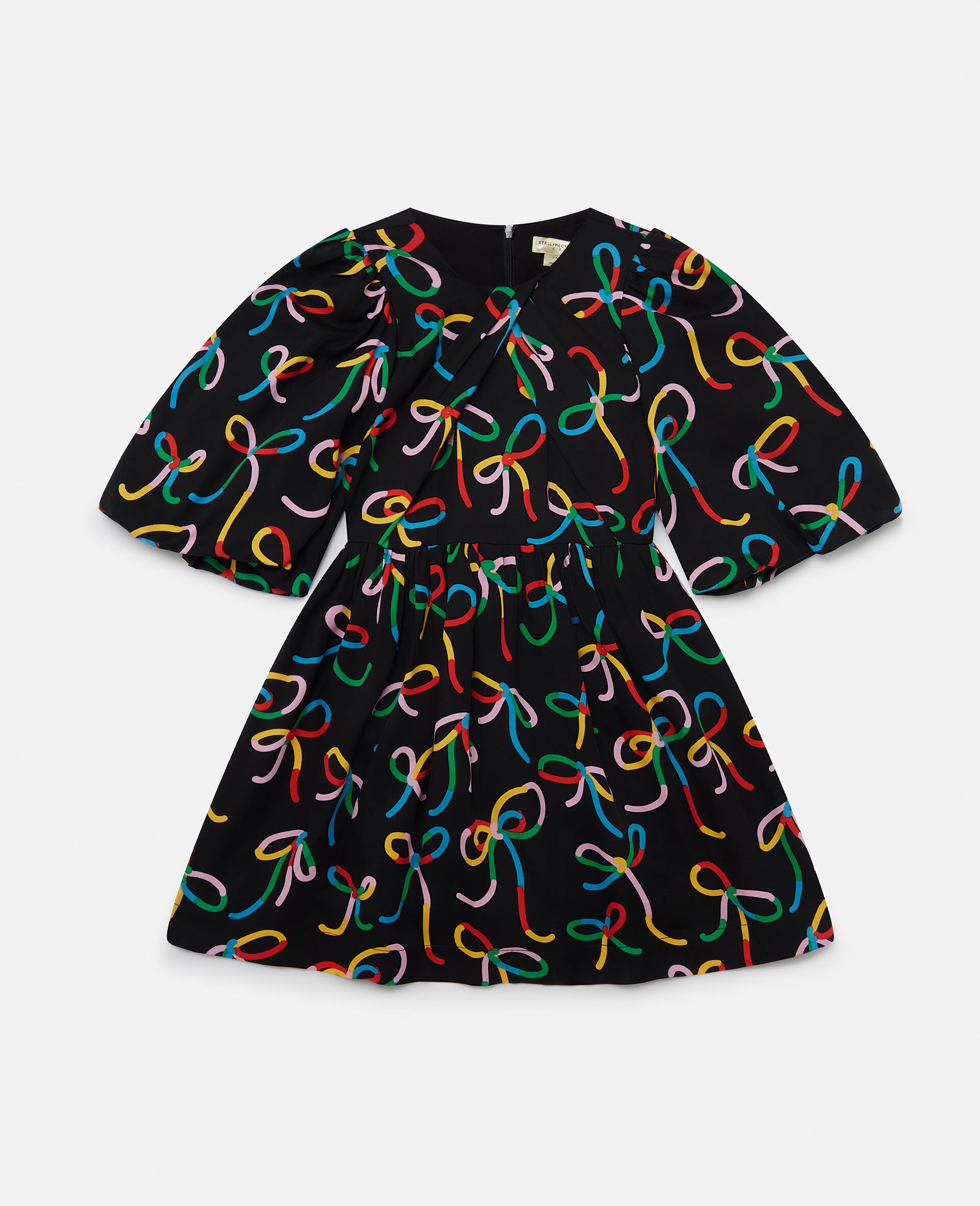 Ribbon Print Puff-Sleeve Dress-Multicolour-medium