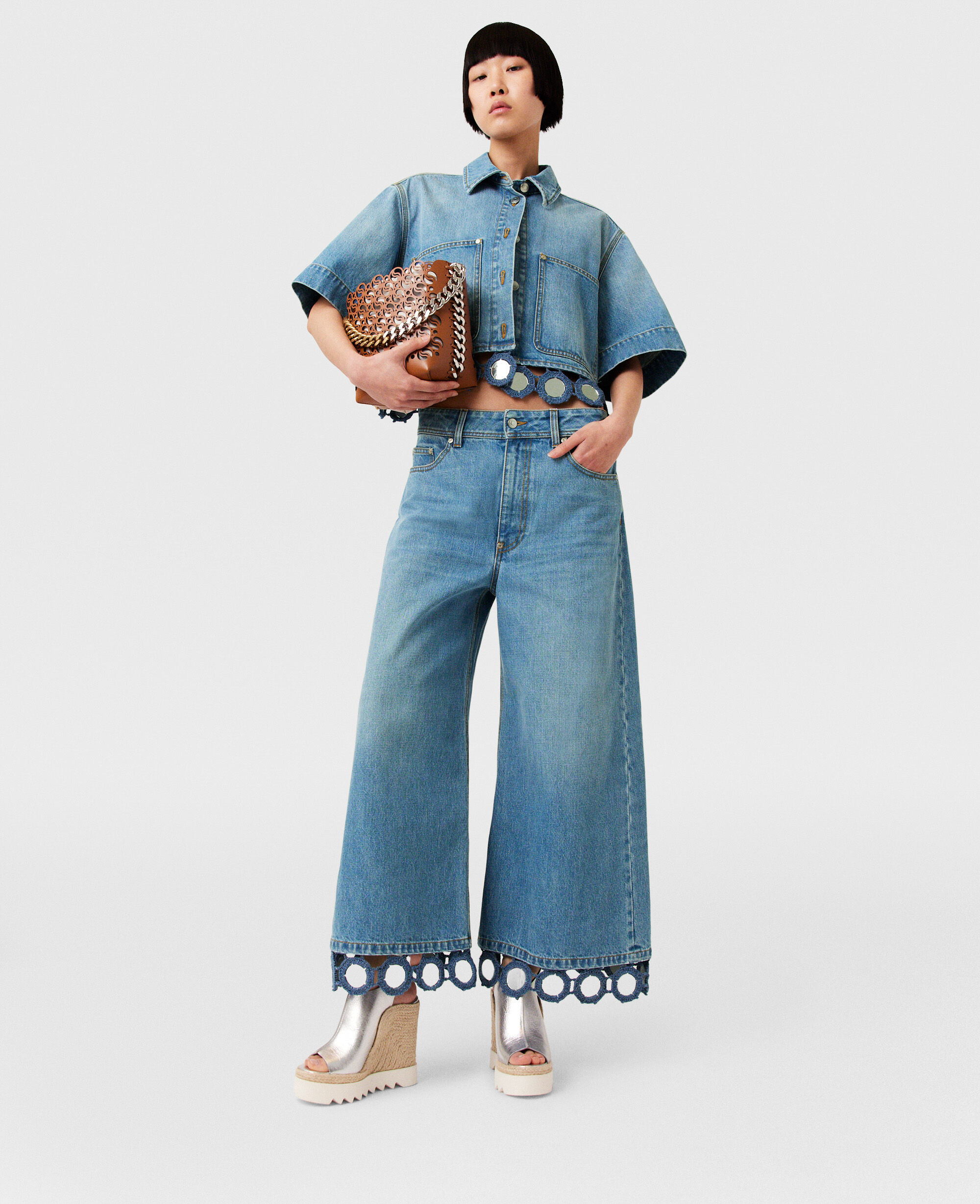 Women LIGHT BLUE VINTAGE DENIM Mirror Crochet Wide-Leg Jeans