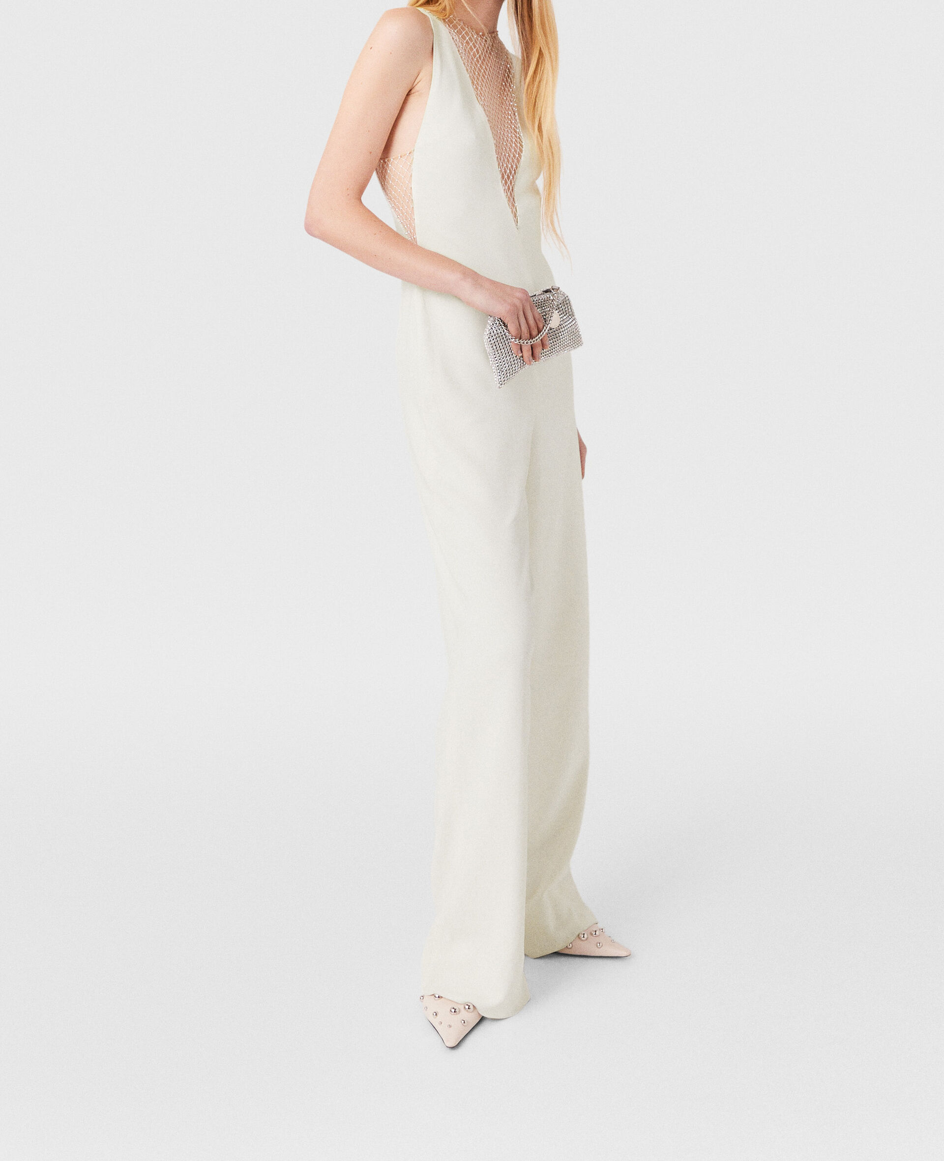 Crystal Mesh Deep V Jumpsuit-White-model