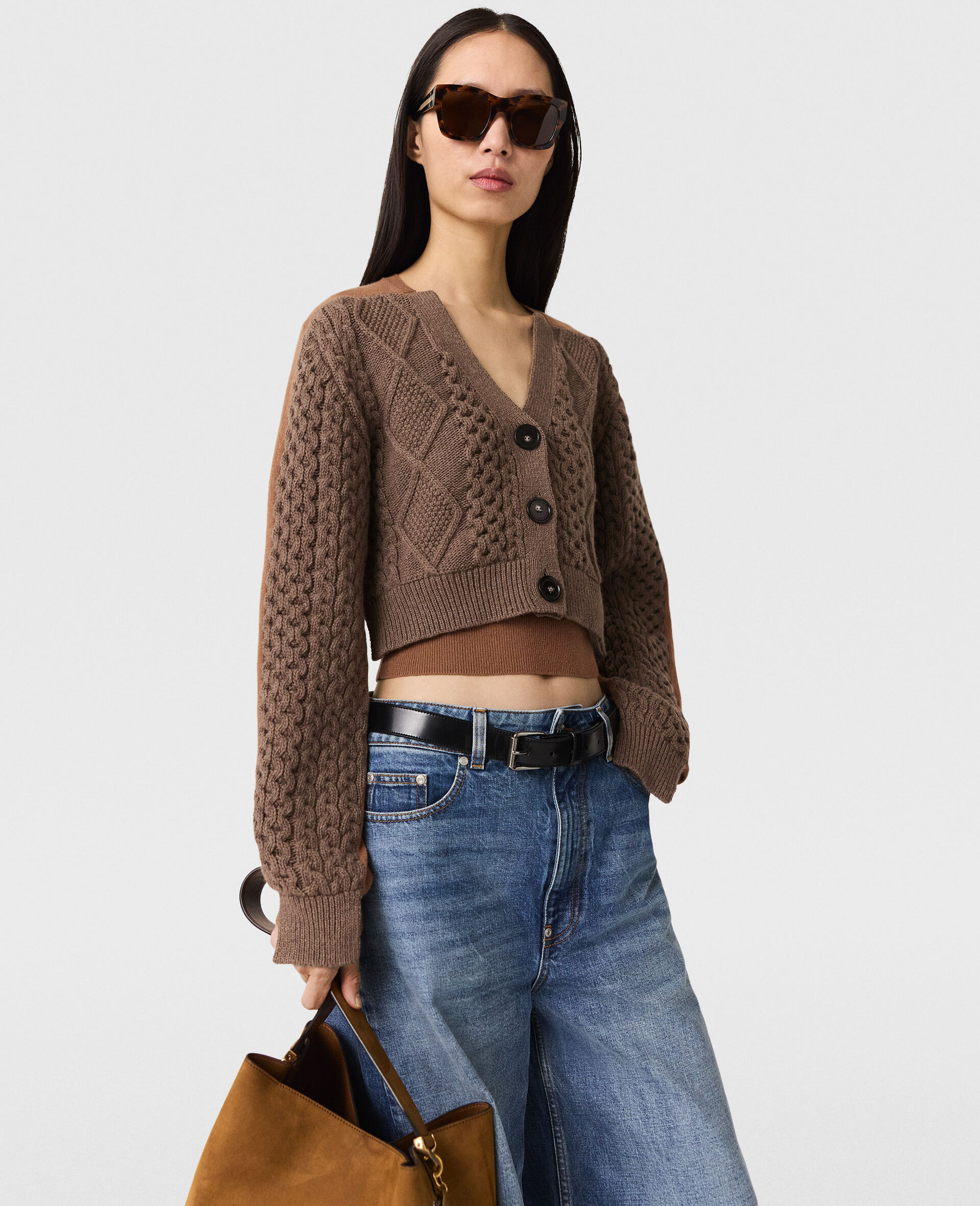 Hybrid Cropped Cardigan-Brown-model