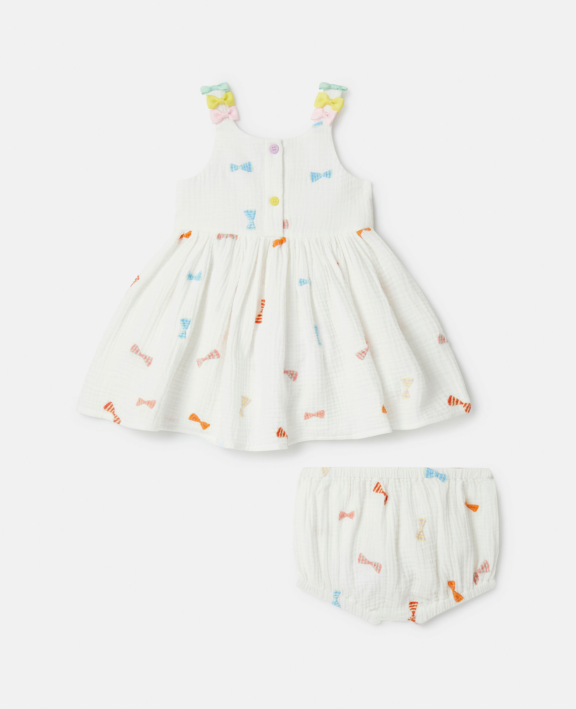 Striped Bow Print Dress and Bloomers Set-Cream-large image number 0