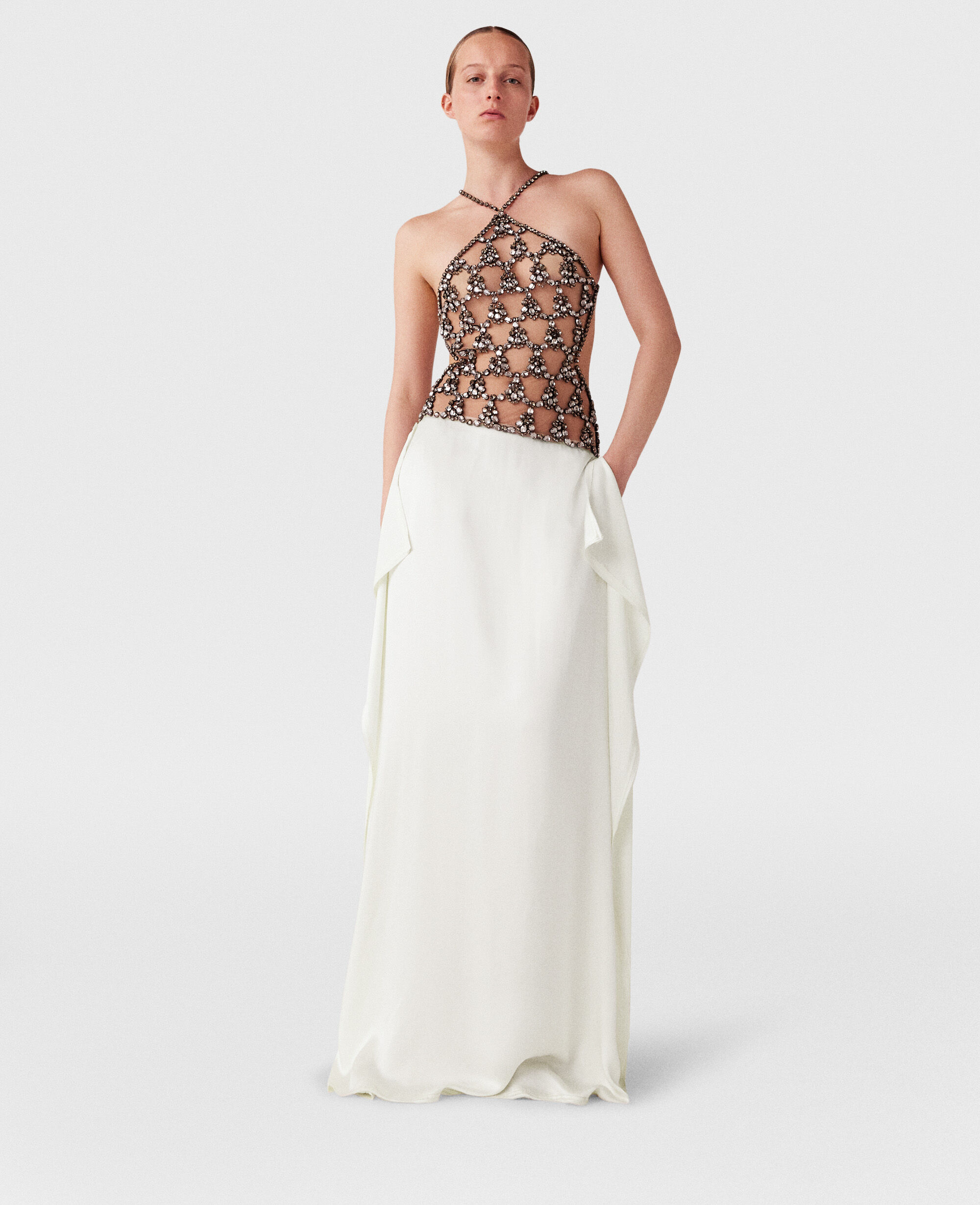 Women Silver and pure white Crystal Cage Halterneck Maxi